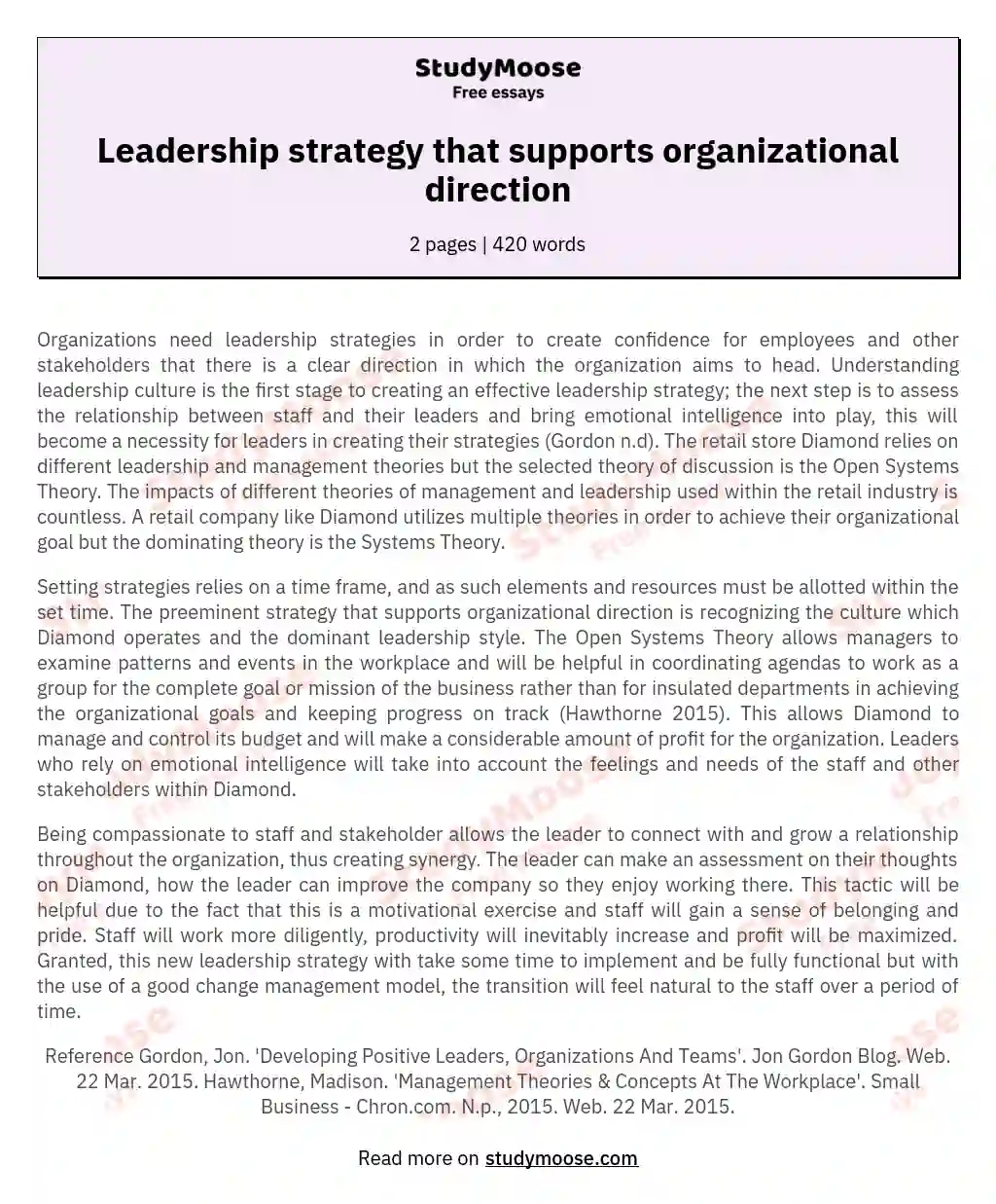 Leadership strategy that supports organizational direction essay