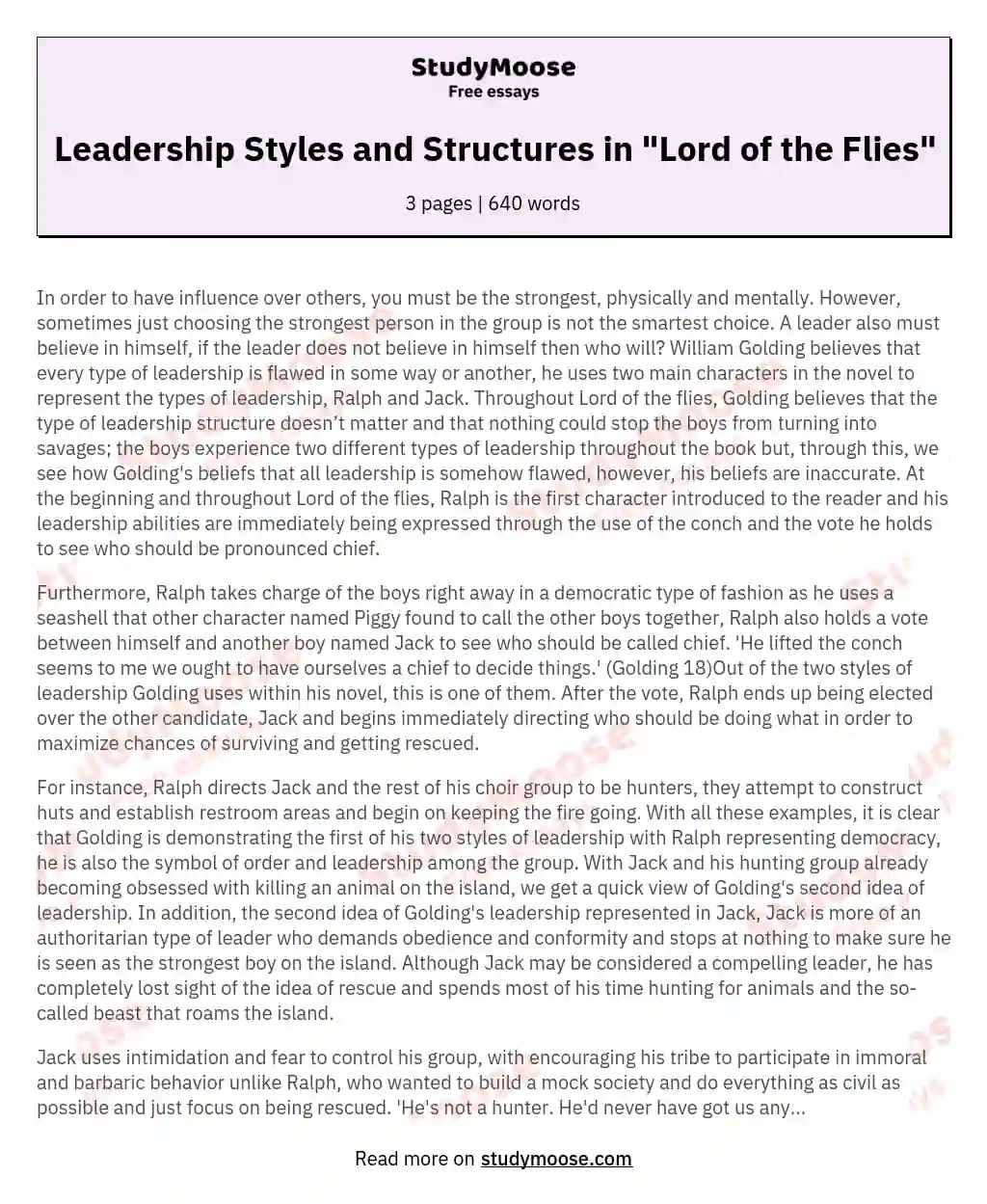 Leadership Styles and Structures in "Lord of the Flies" essay