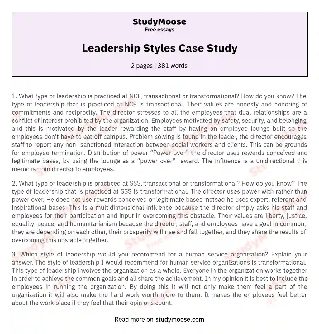 case study on leadership styles