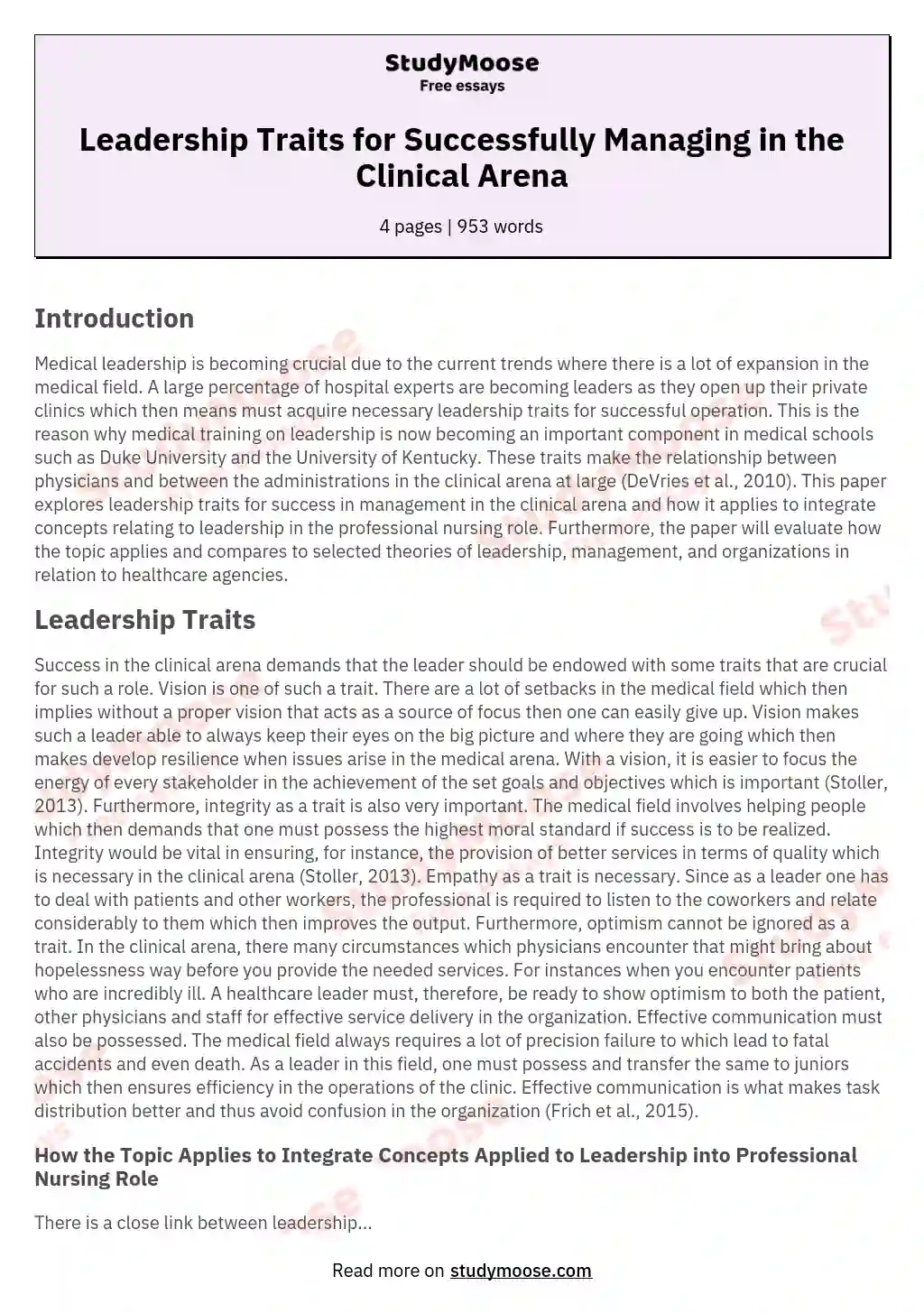 Leadership Traits for Successfully Managing in the Clinical Arena essay