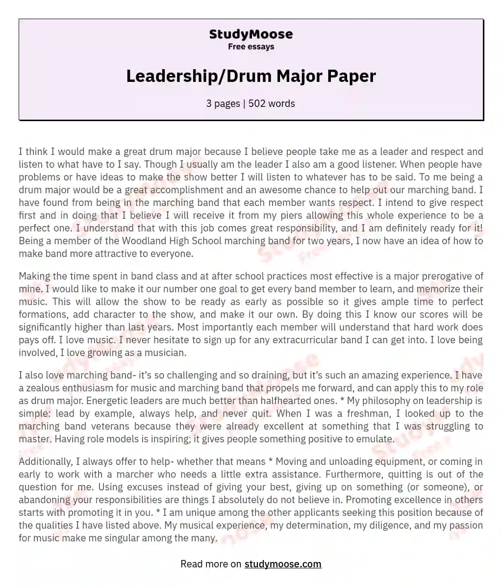 Elevating Excellence: My Vision as a Drum Major essay