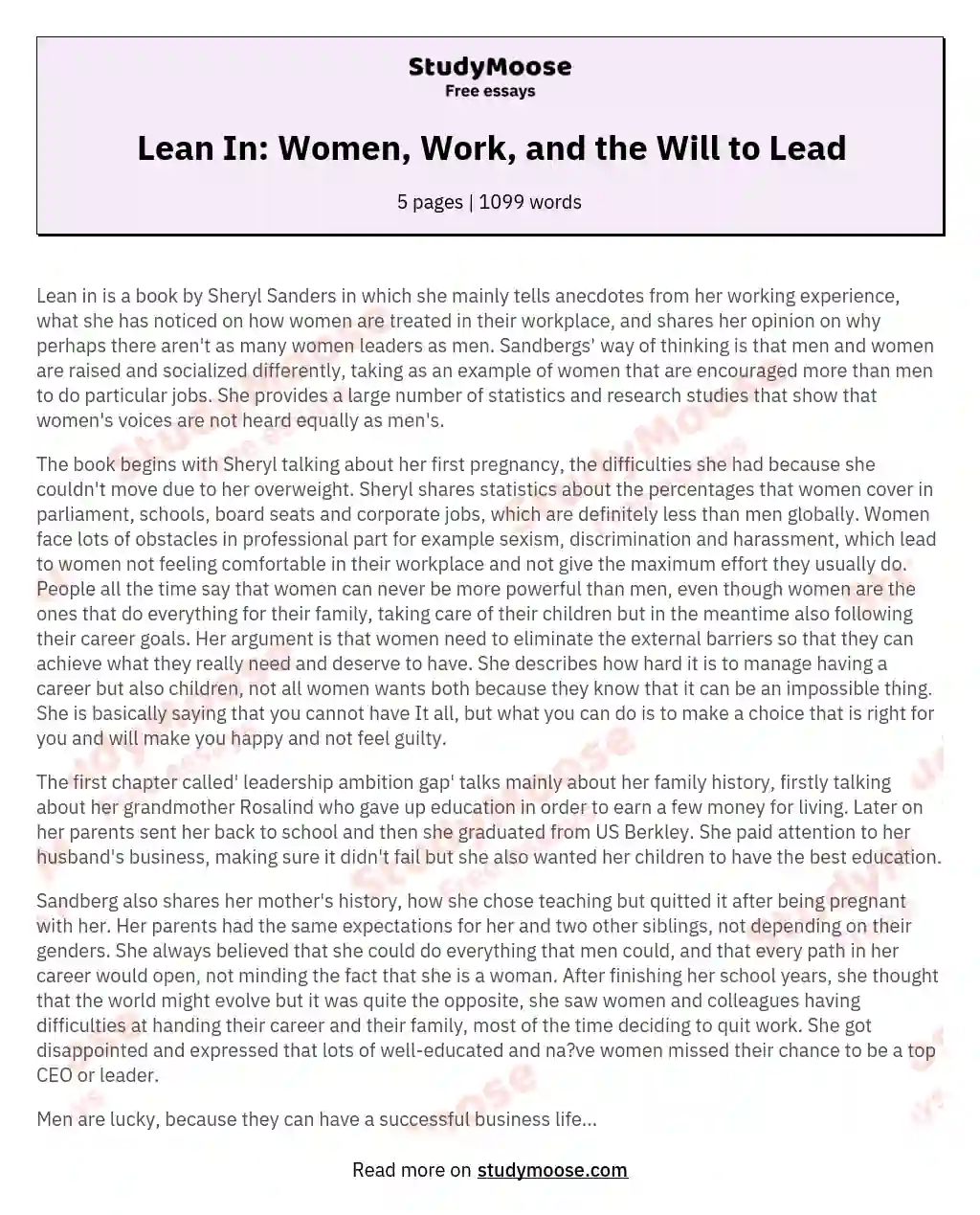 Lean In: Women, Work, and the Will to Lead essay