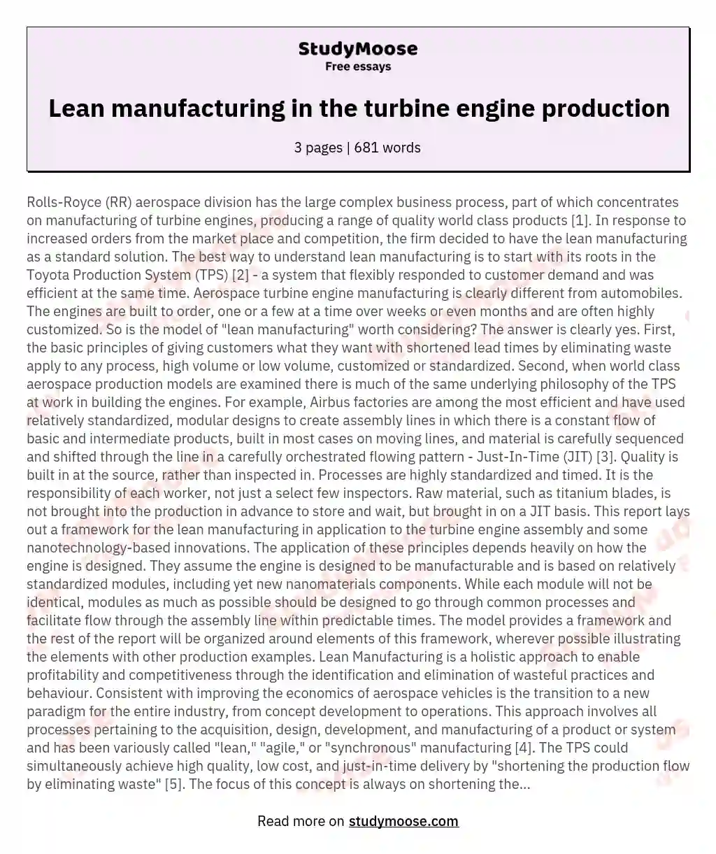 Lean manufacturing in the turbine engine production essay