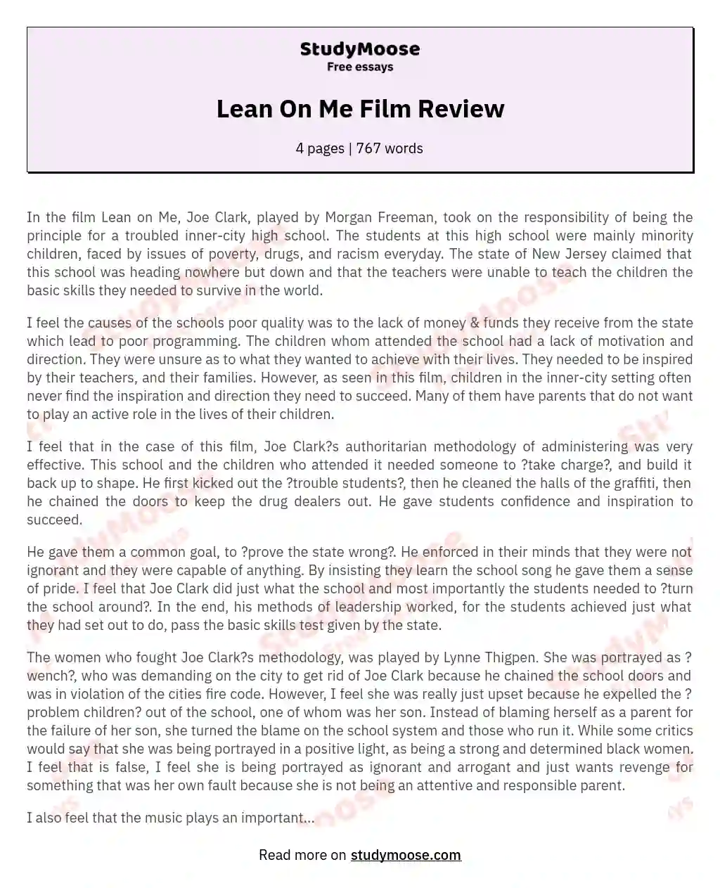 Lean On Me Film Review essay
