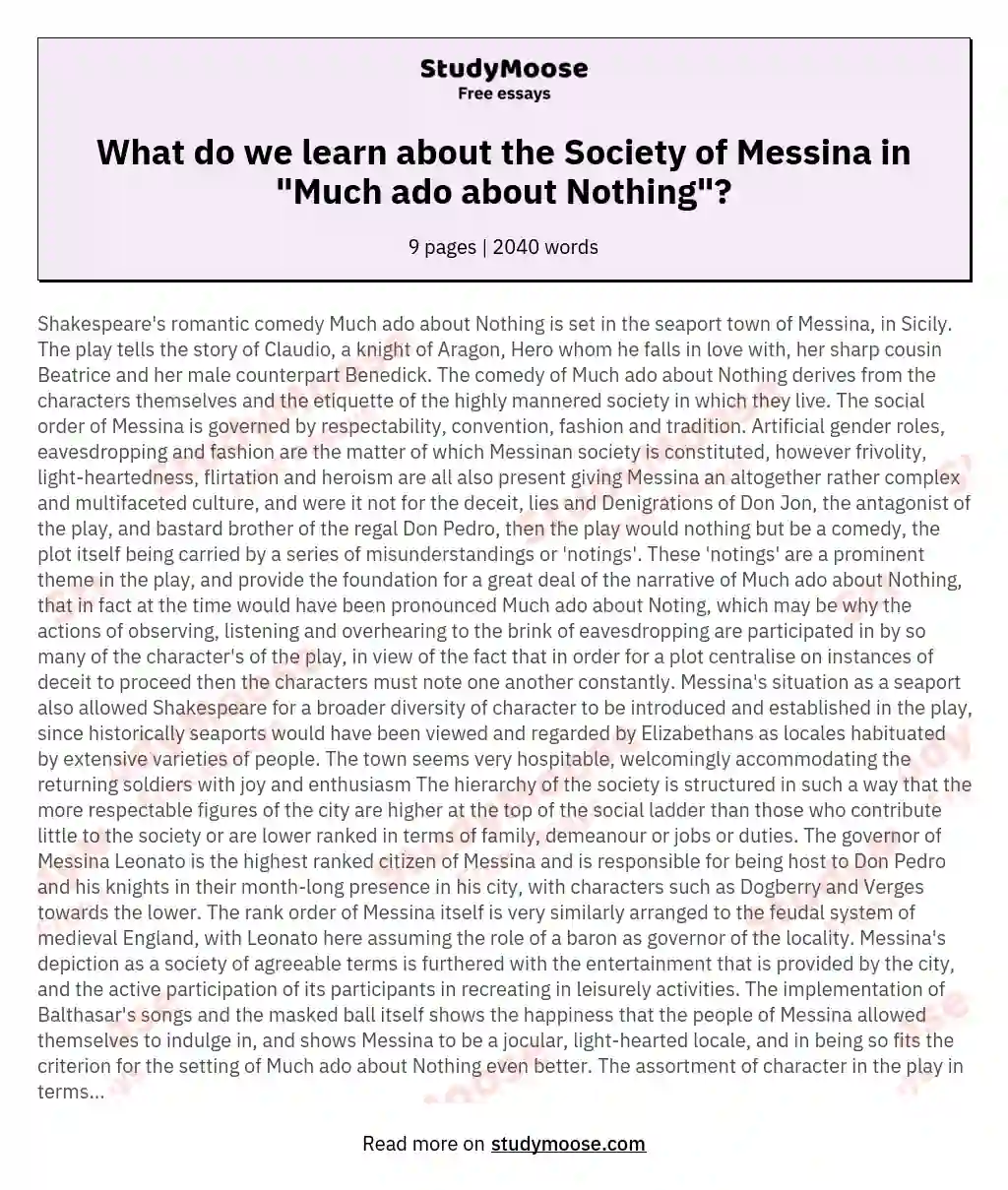 What do we learn about the Society of Messina in "Much ado about Nothing"? essay