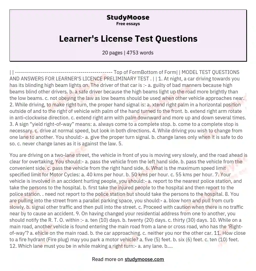 Learner's License Test Questions