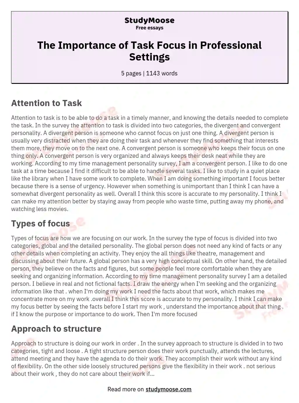 The Importance of Task Focus in Professional Settings essay