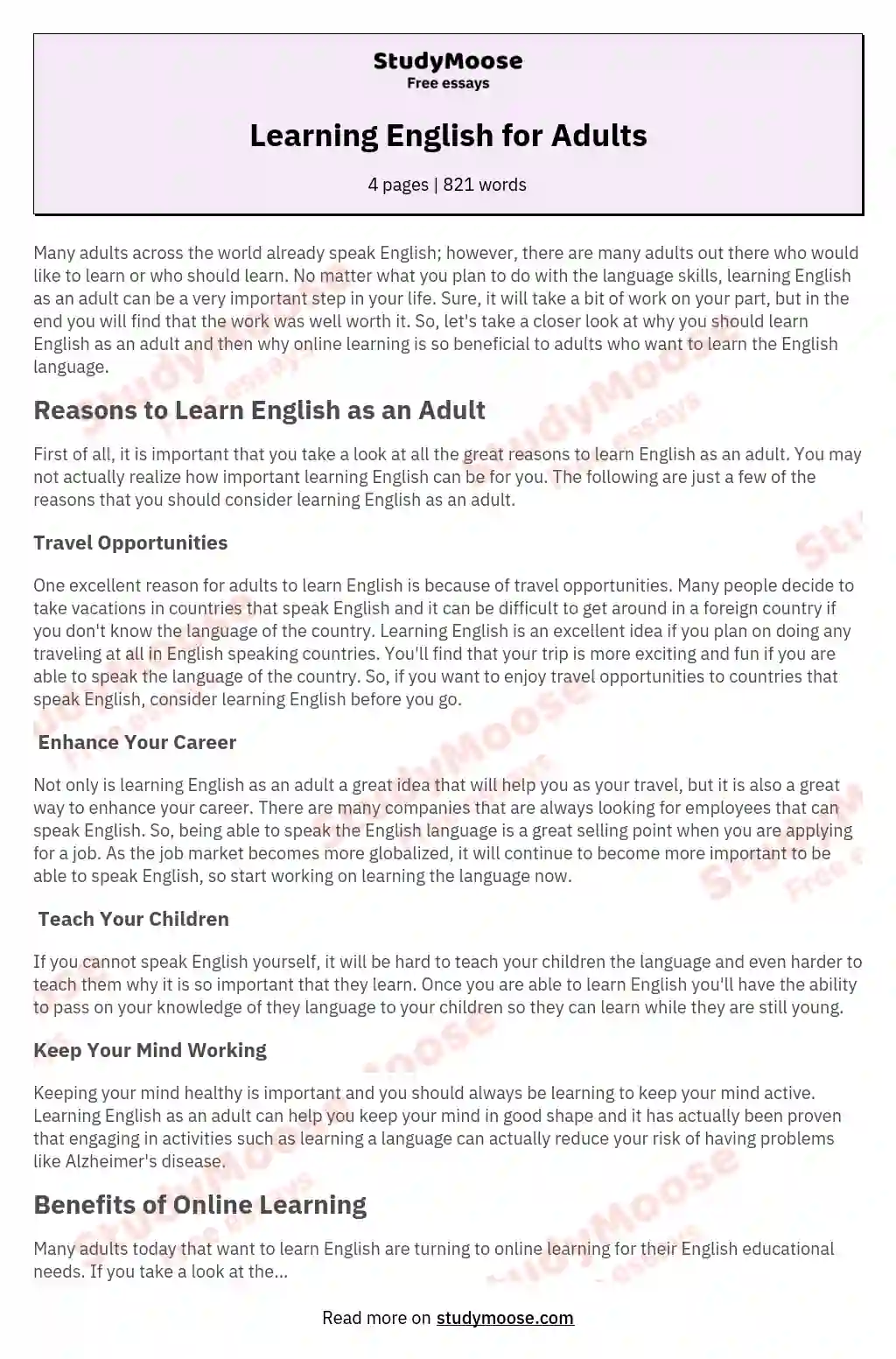 Learning English for Adults essay