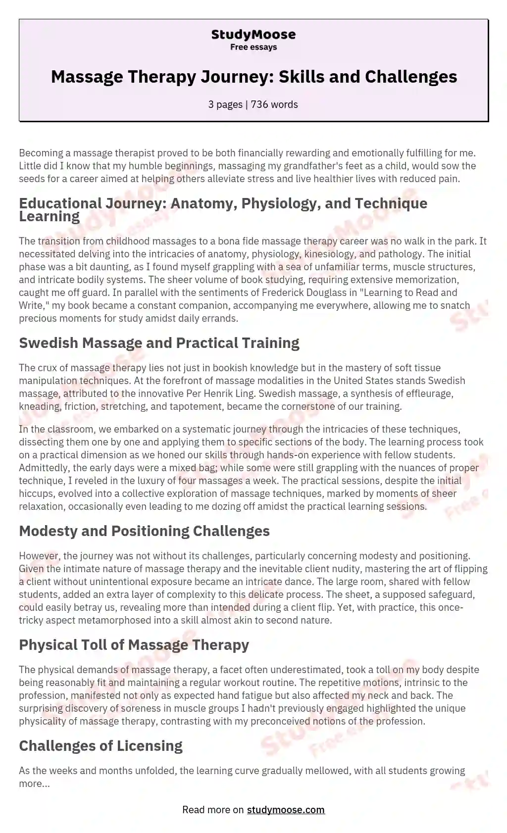 Massage Therapy Journey: Skills and Challenges essay