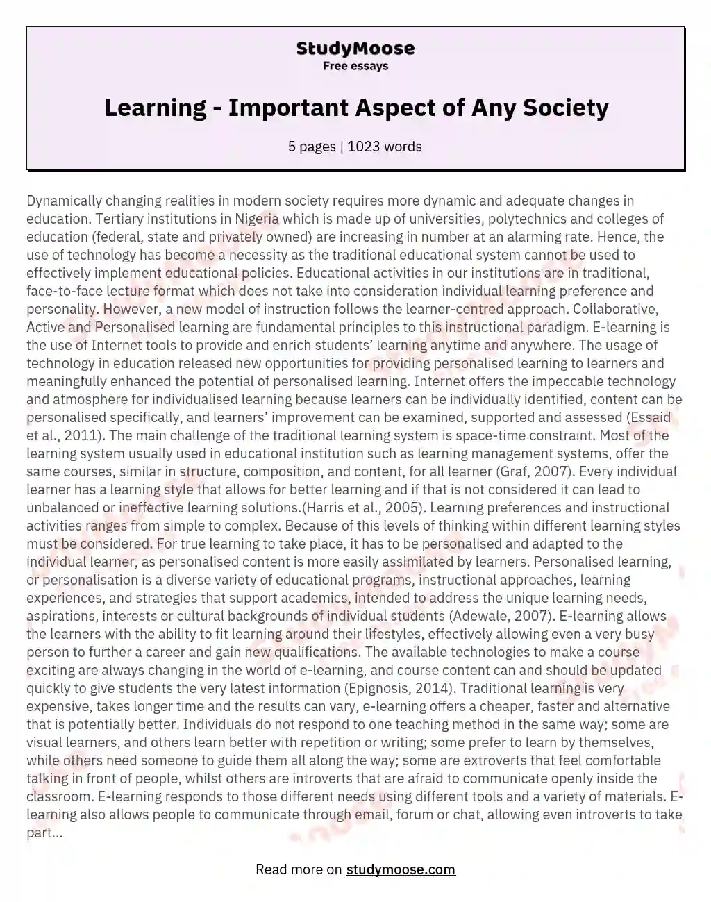 Learning - Important Aspect of Any Society essay