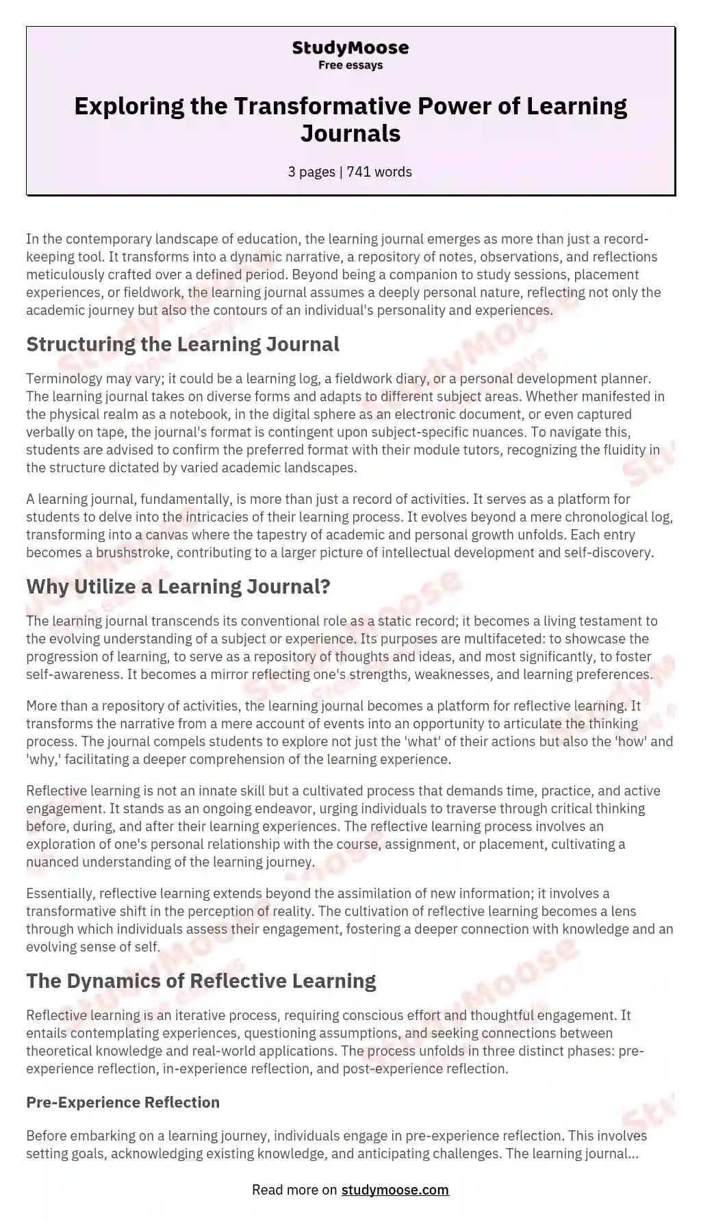 Exploring the Transformative Power of Learning Journals essay