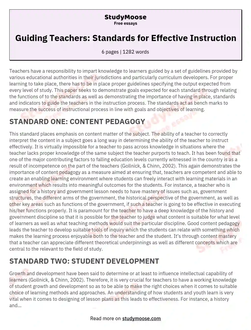 Guiding Teachers: Standards for Effective Instruction essay