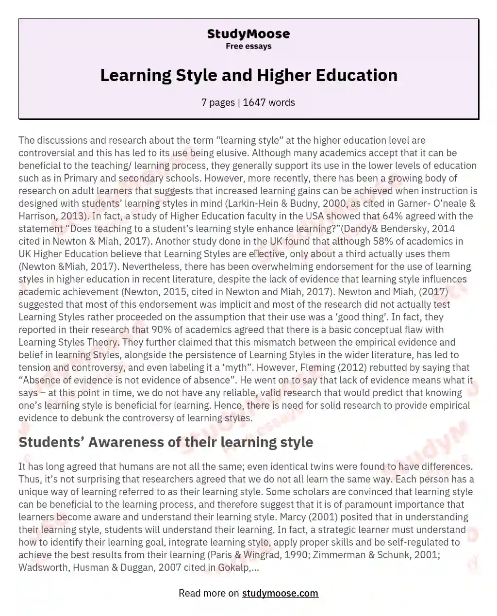 Learning Style and Higher Education