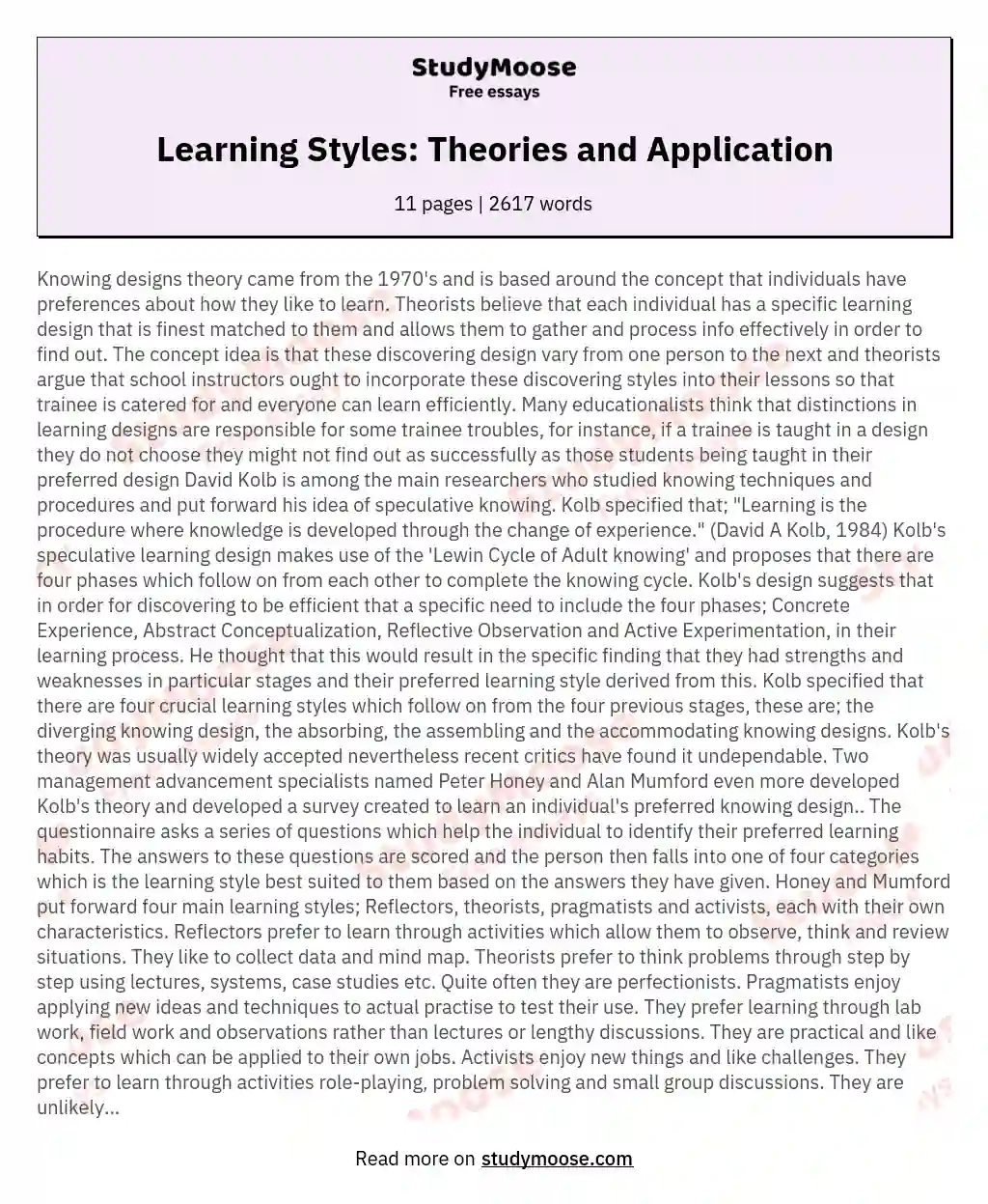 Learning Styles: Theories and Application essay