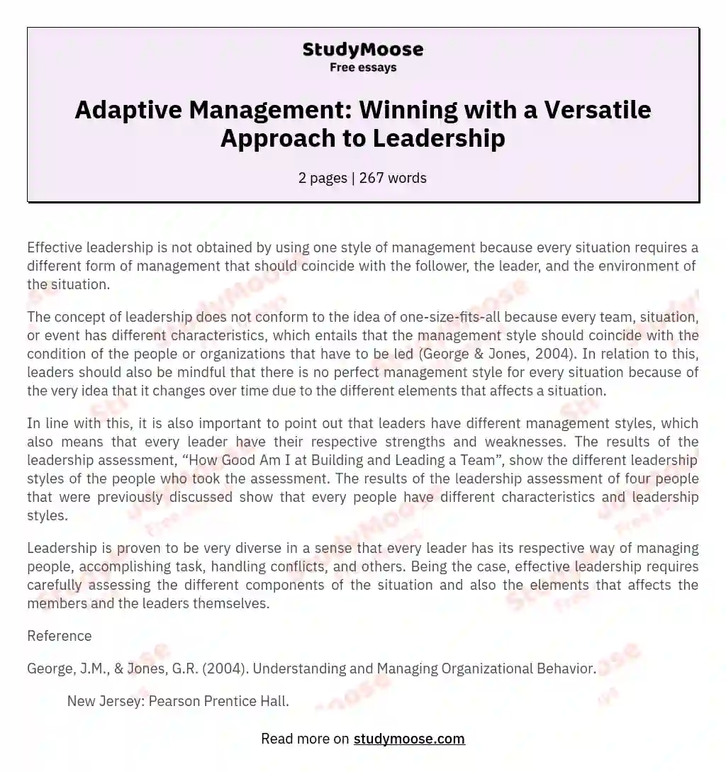 Adaptive Management: Winning with a Versatile Approach to Leadership essay