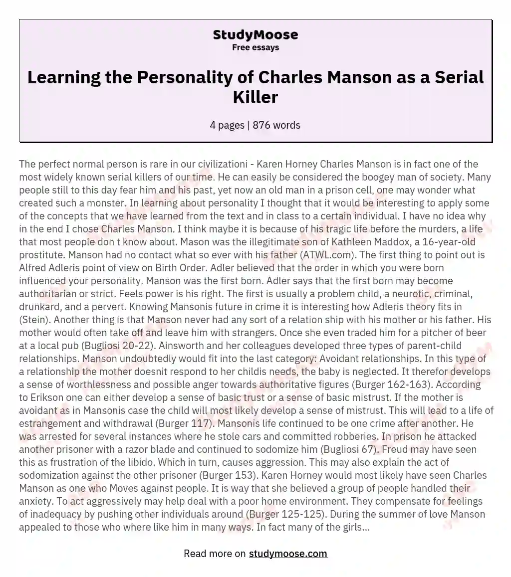 Learning the Personality of Charles Manson as a Serial Killer essay
