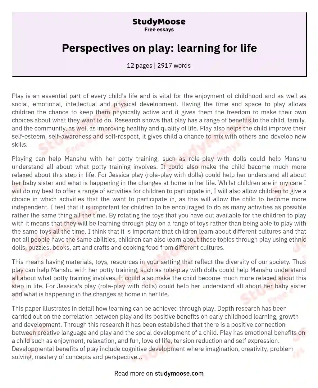 Perspectives on play: learning for life essay