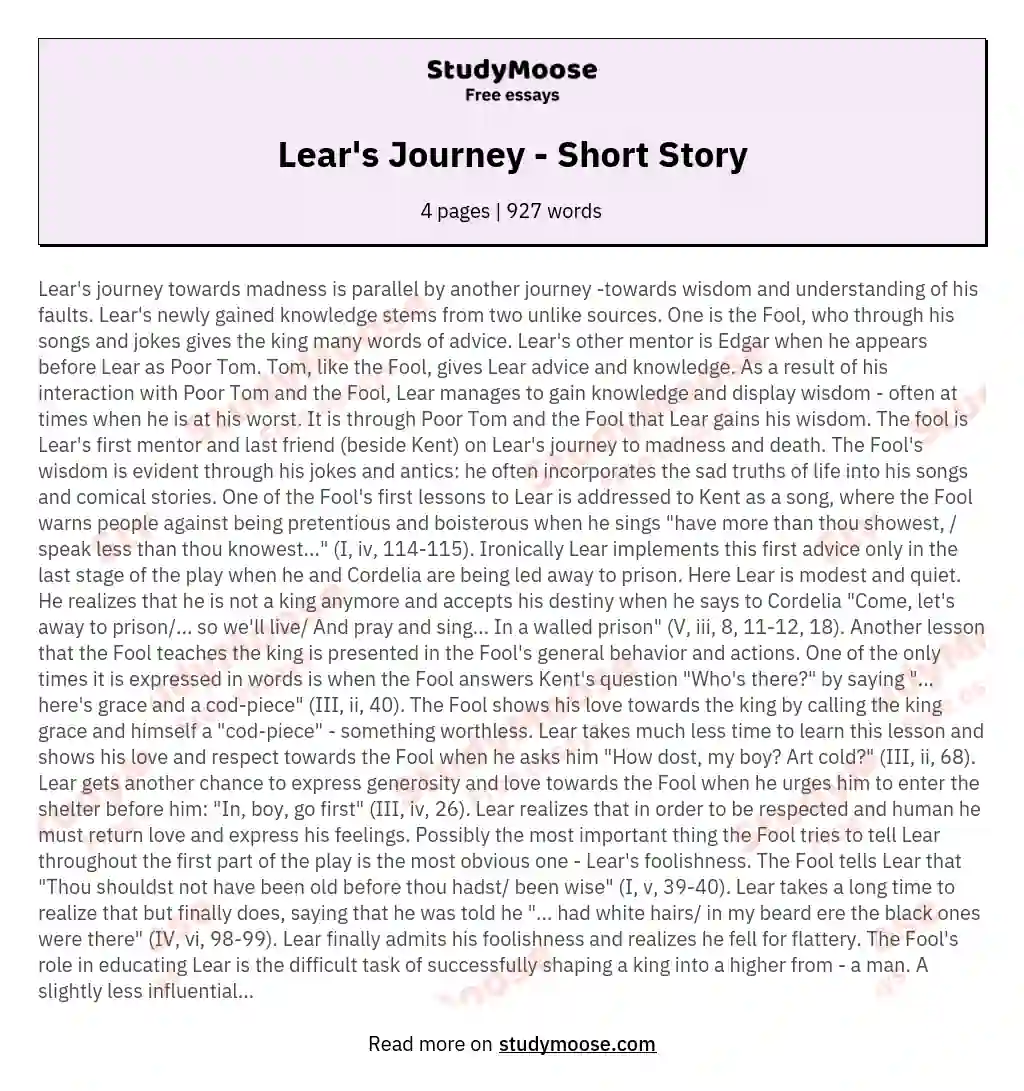 Lear's Journey - Short Story essay