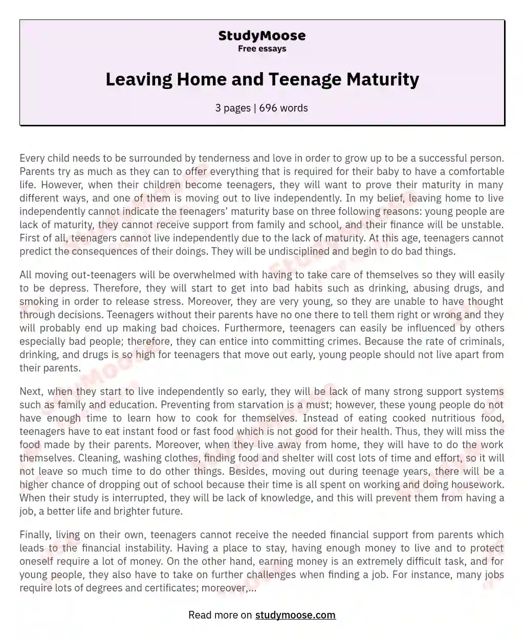 Leaving Home and Teenage Maturity essay