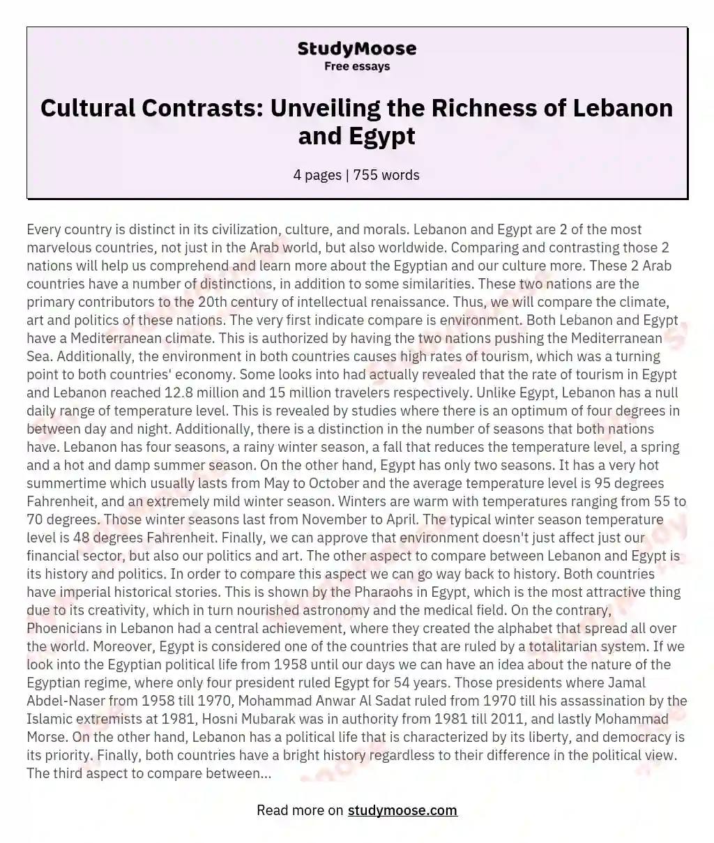 Cultural Contrasts: Unveiling the Richness of Lebanon and Egypt essay
