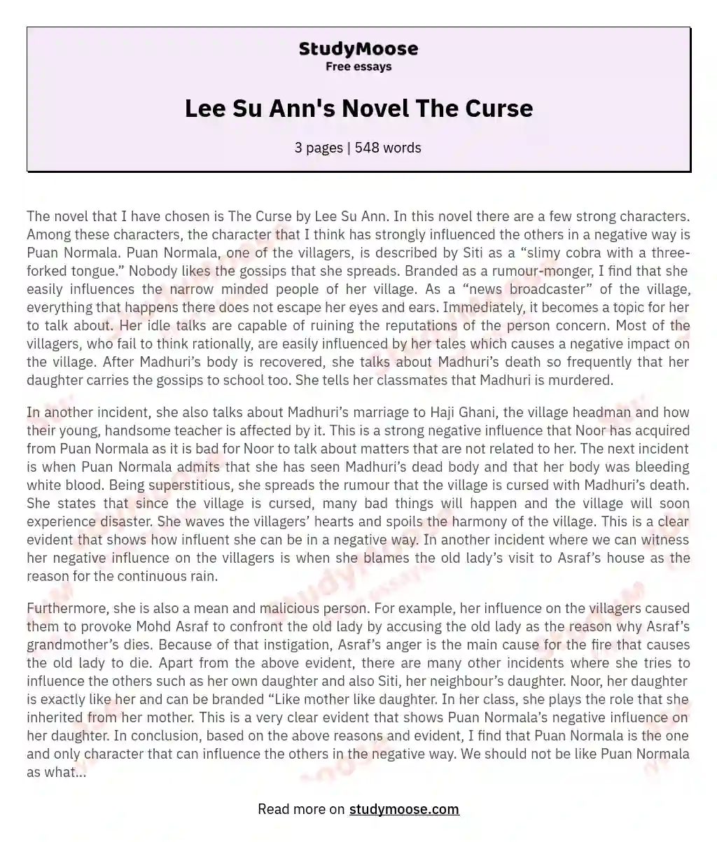 Lee Su Ann's Novel The Curse essay