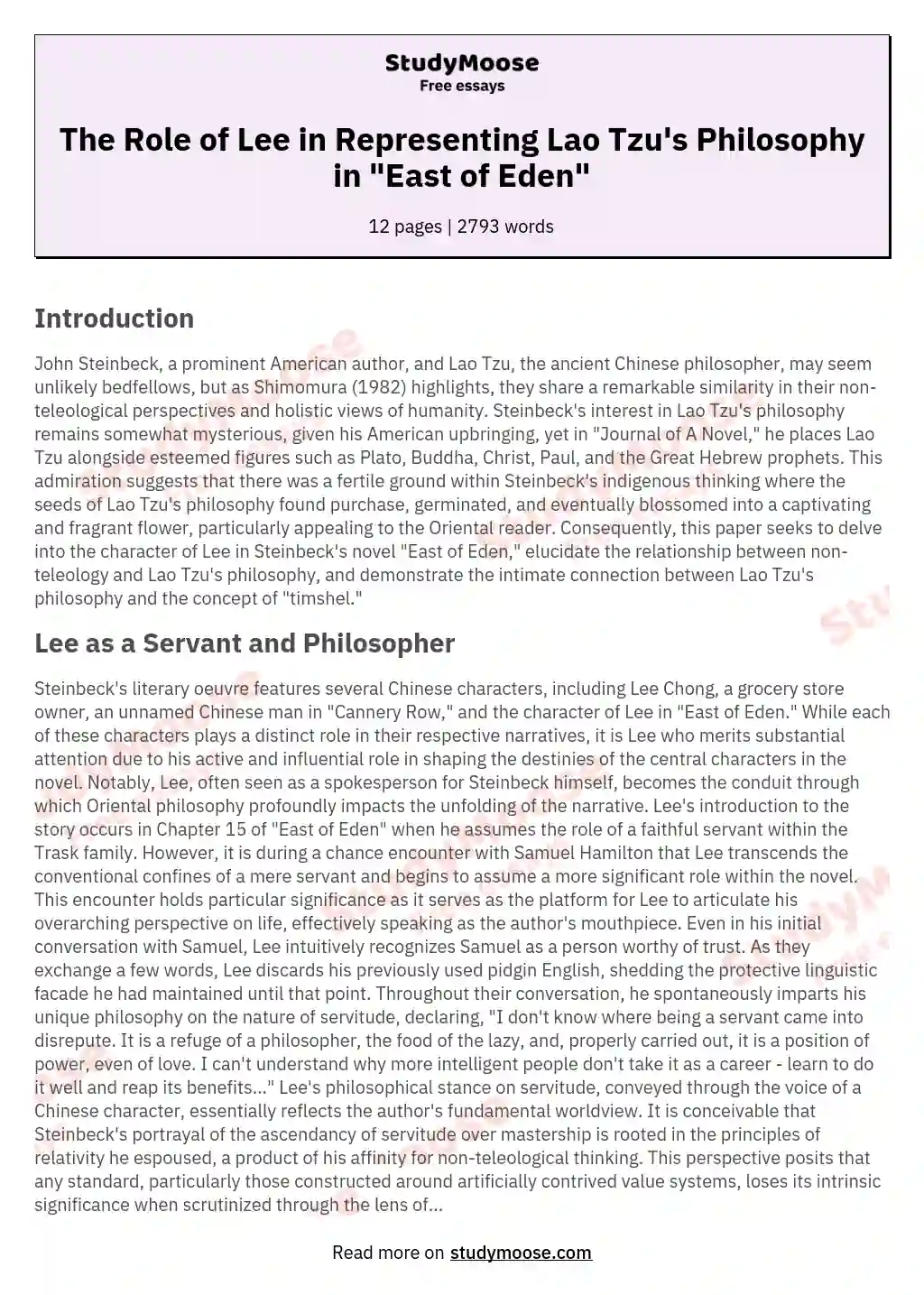 The Role of Lee in Representing Lao Tzu's Philosophy in "East of Eden" essay
