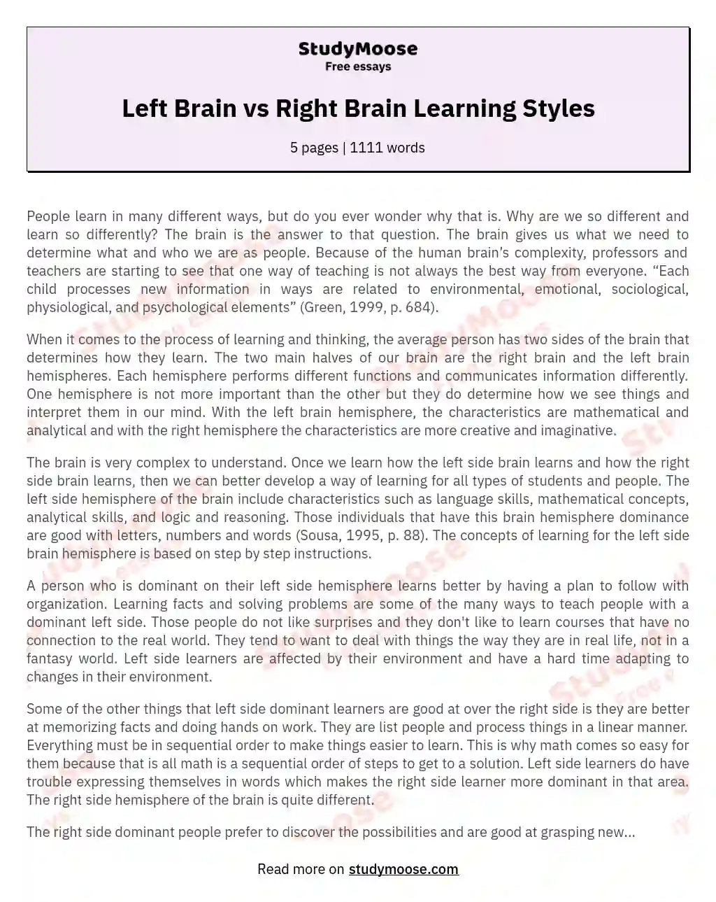 Left Brain vs Right Brain Learning Styles essay