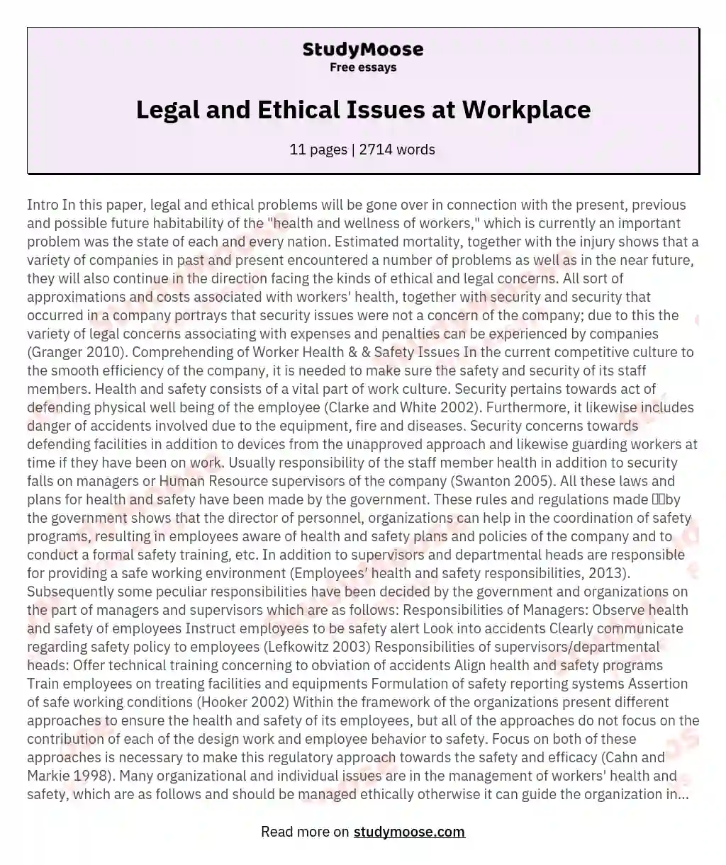 Legal and Ethical Issues at Workplace