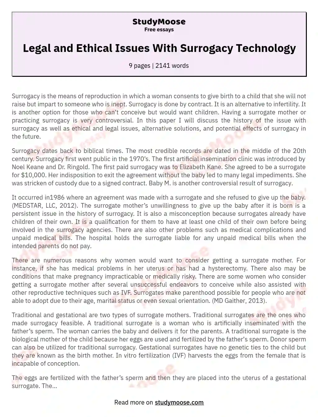 Legal and Ethical Issues With Surrogacy Technology essay