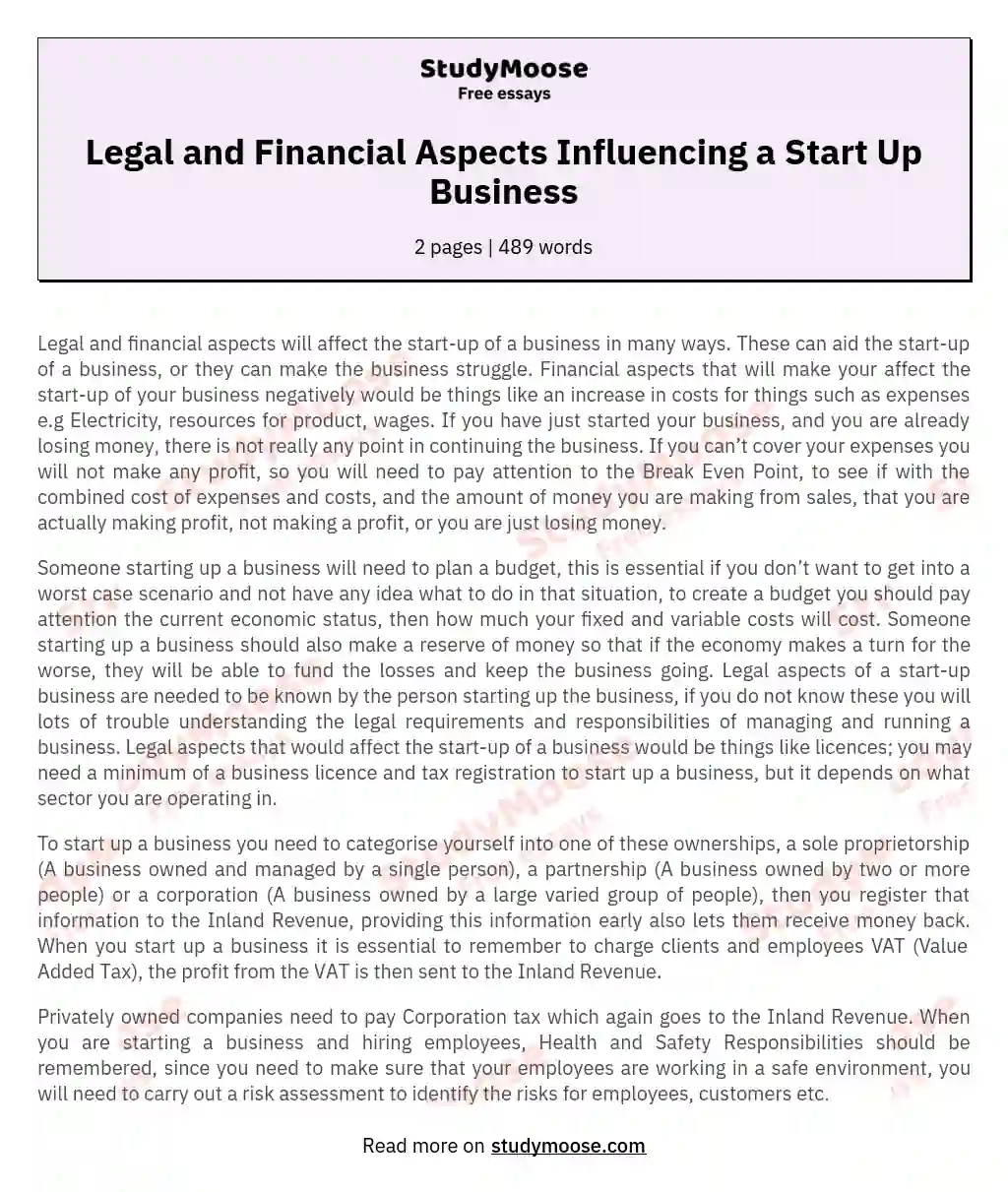 Legal and Financial Aspects Influencing a Start Up Business