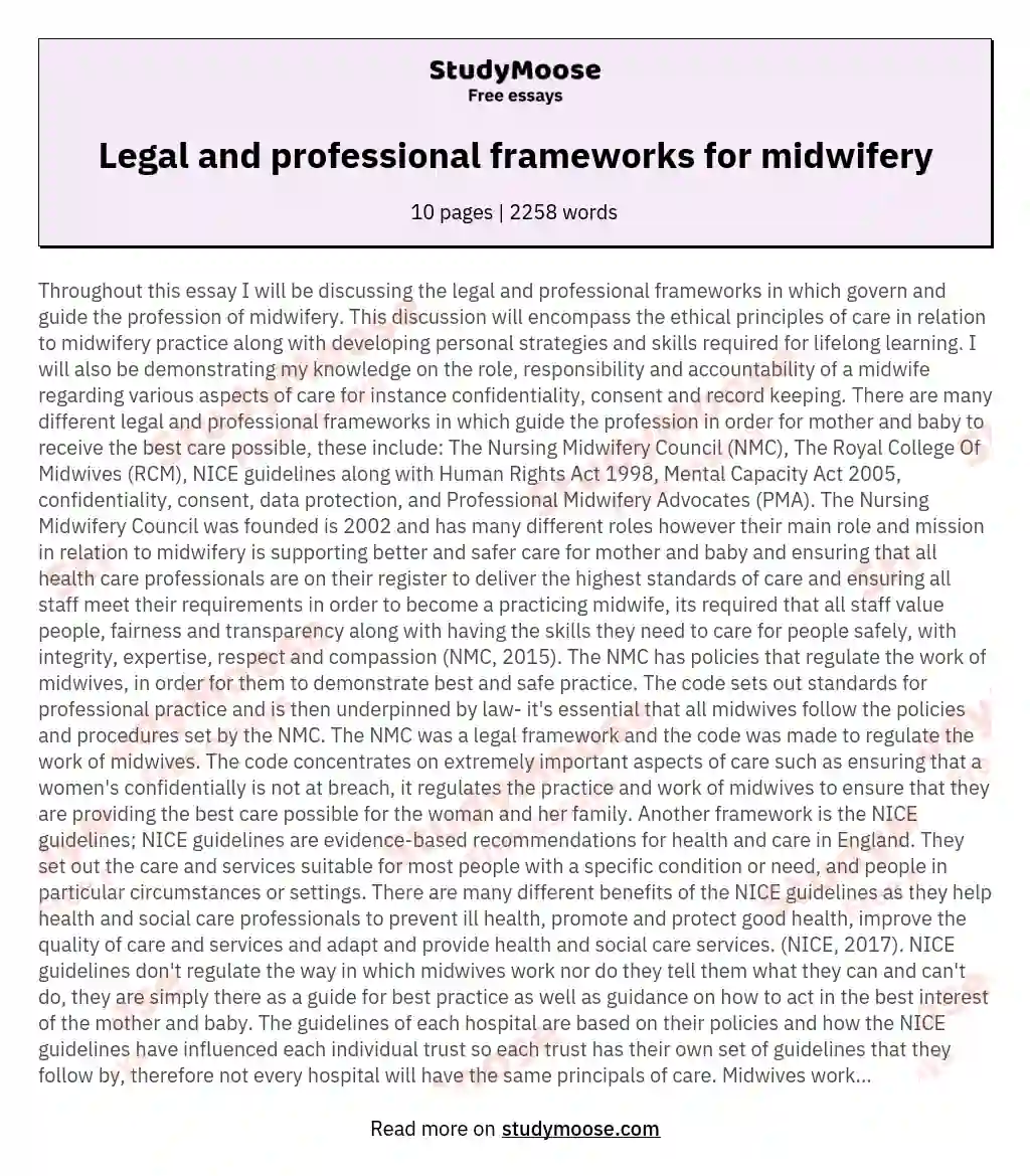 Legal and professional frameworks for midwifery essay