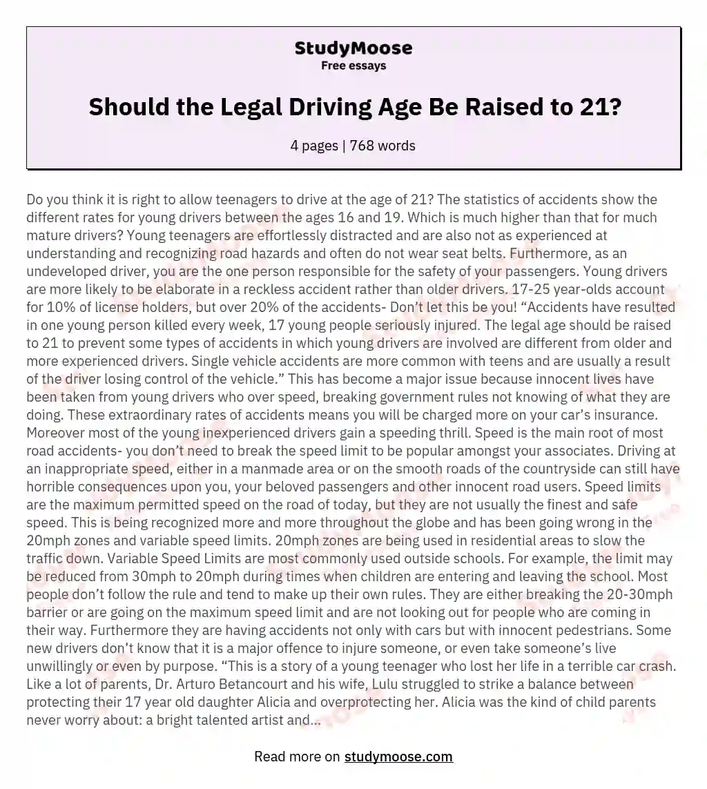 Should the Legal Driving Age Be Raised to 21? essay