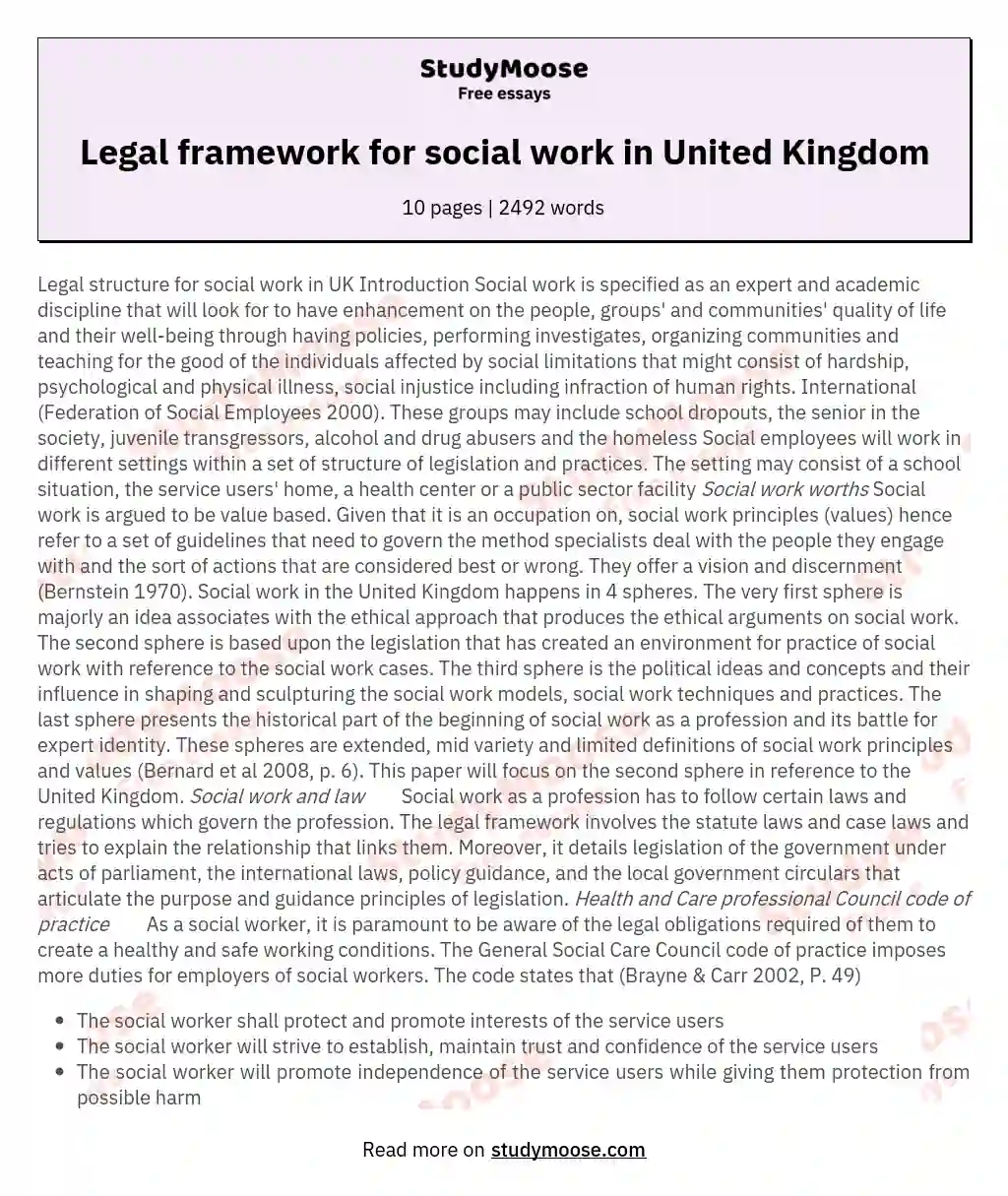 Legal framework for social work in United Kingdom essay