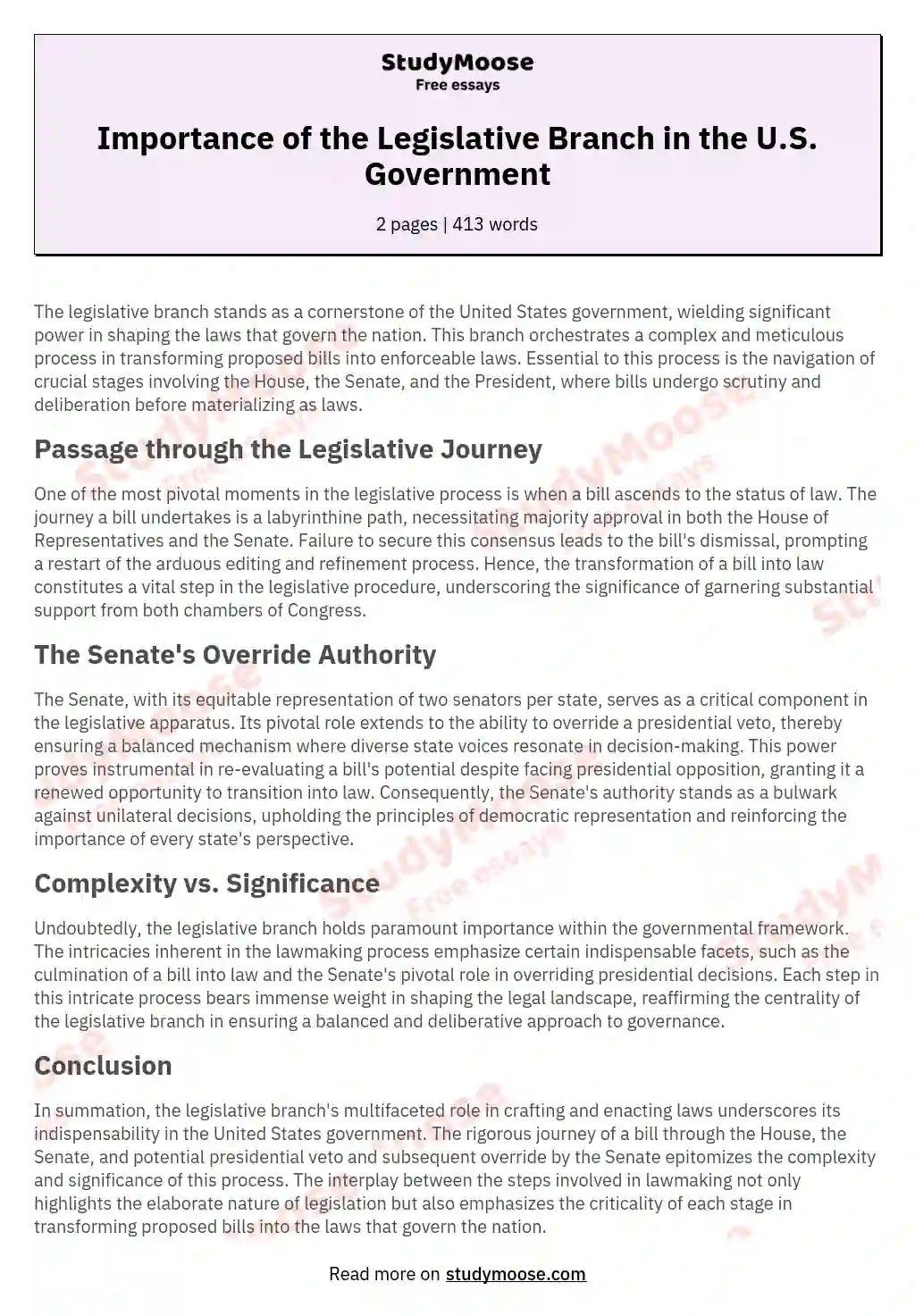 Importance of the Legislative Branch in the U.S. Government essay