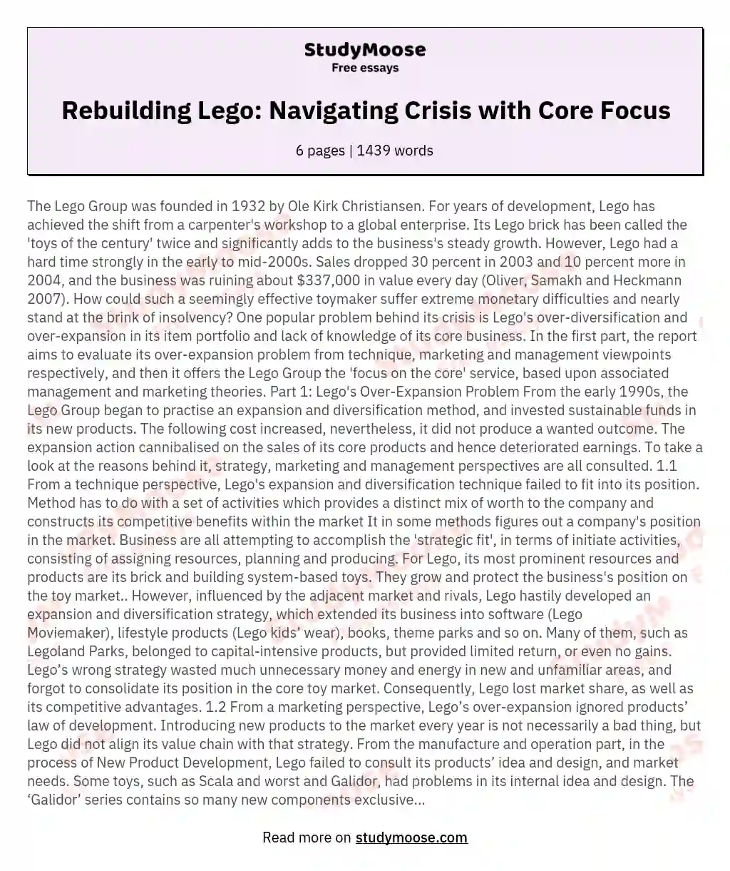 Rebuilding Lego: Navigating Crisis with Core Focus essay