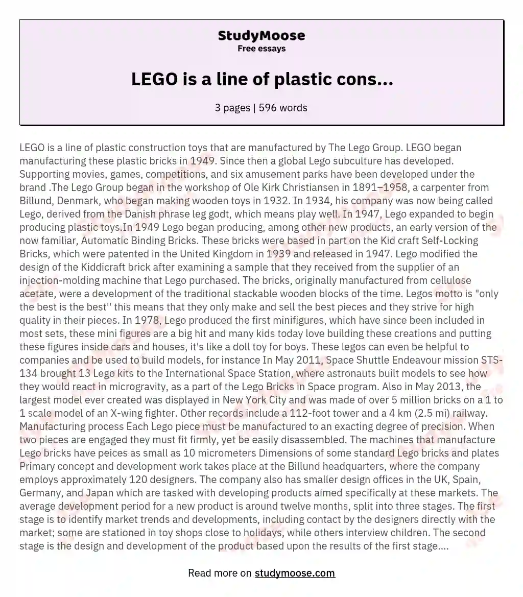 LEGO is a line of plastic cons... essay