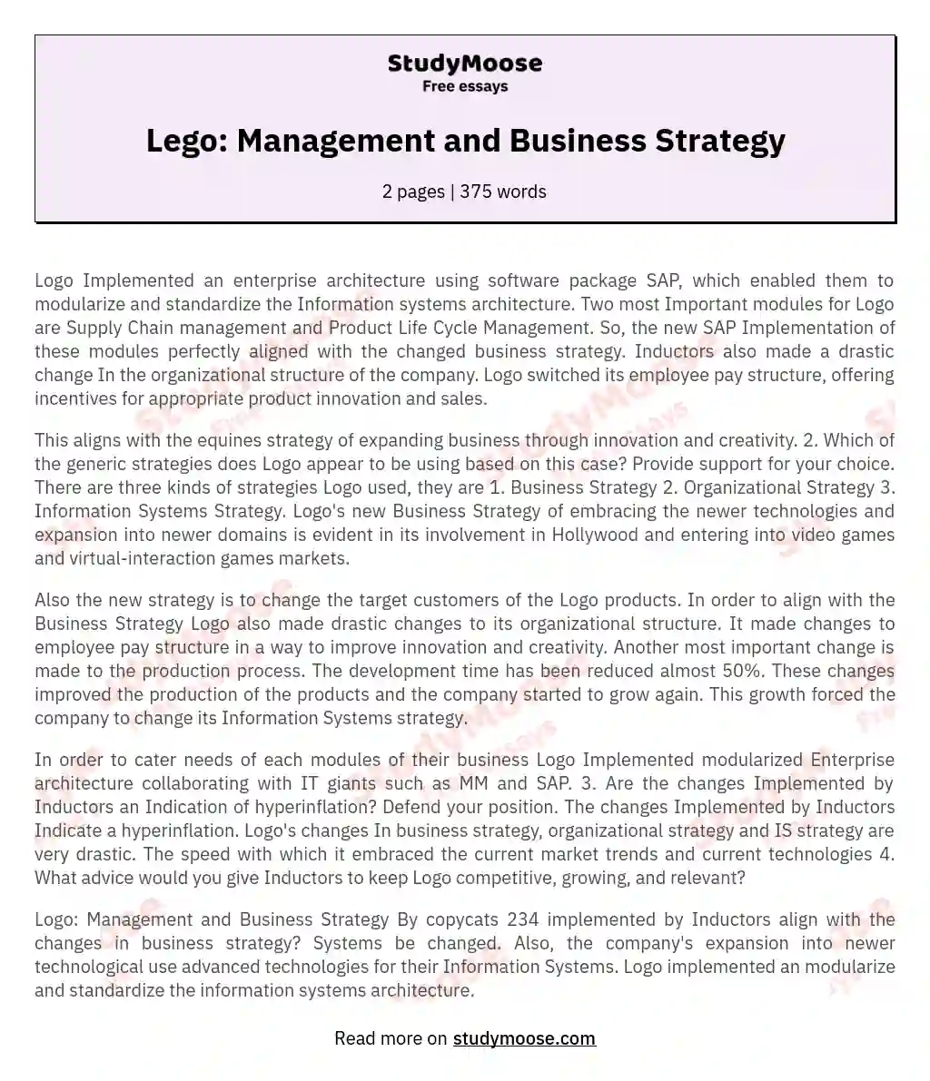 Lego: Management and Business Strategy essay