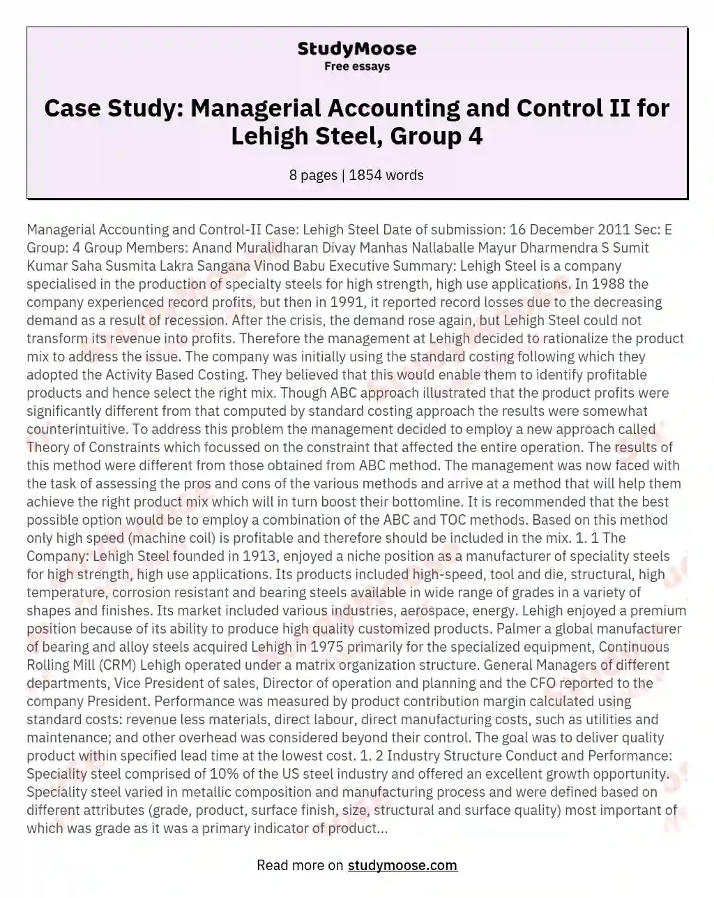 Case Study: Managerial Accounting and Control II for Lehigh Steel, Group 4 essay