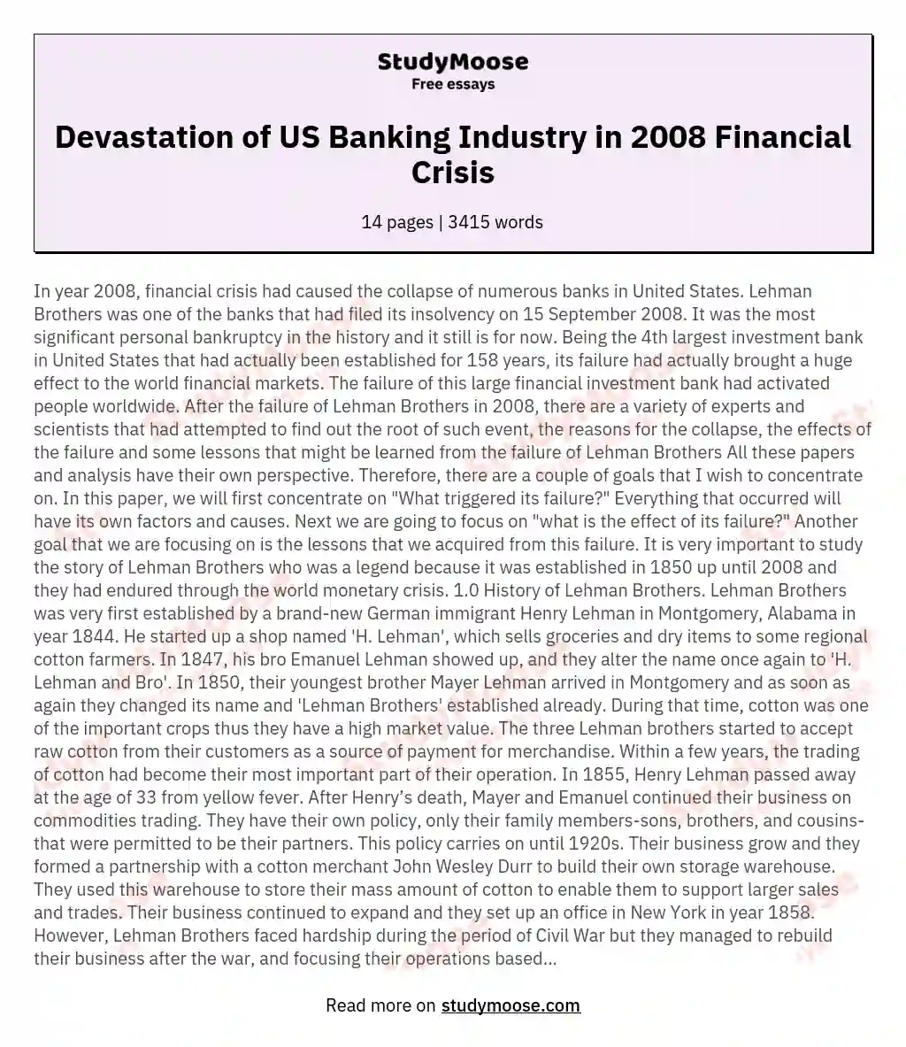 Devastation of US Banking Industry in 2008 Financial Crisis essay