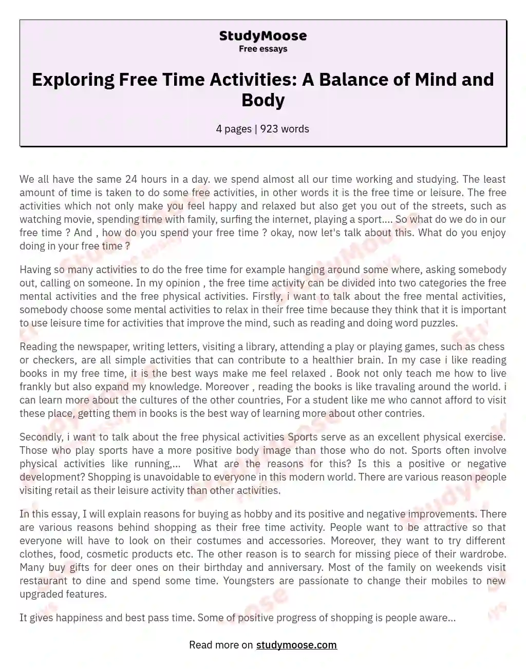 Exploring Free Time Activities: A Balance of Mind and Body essay