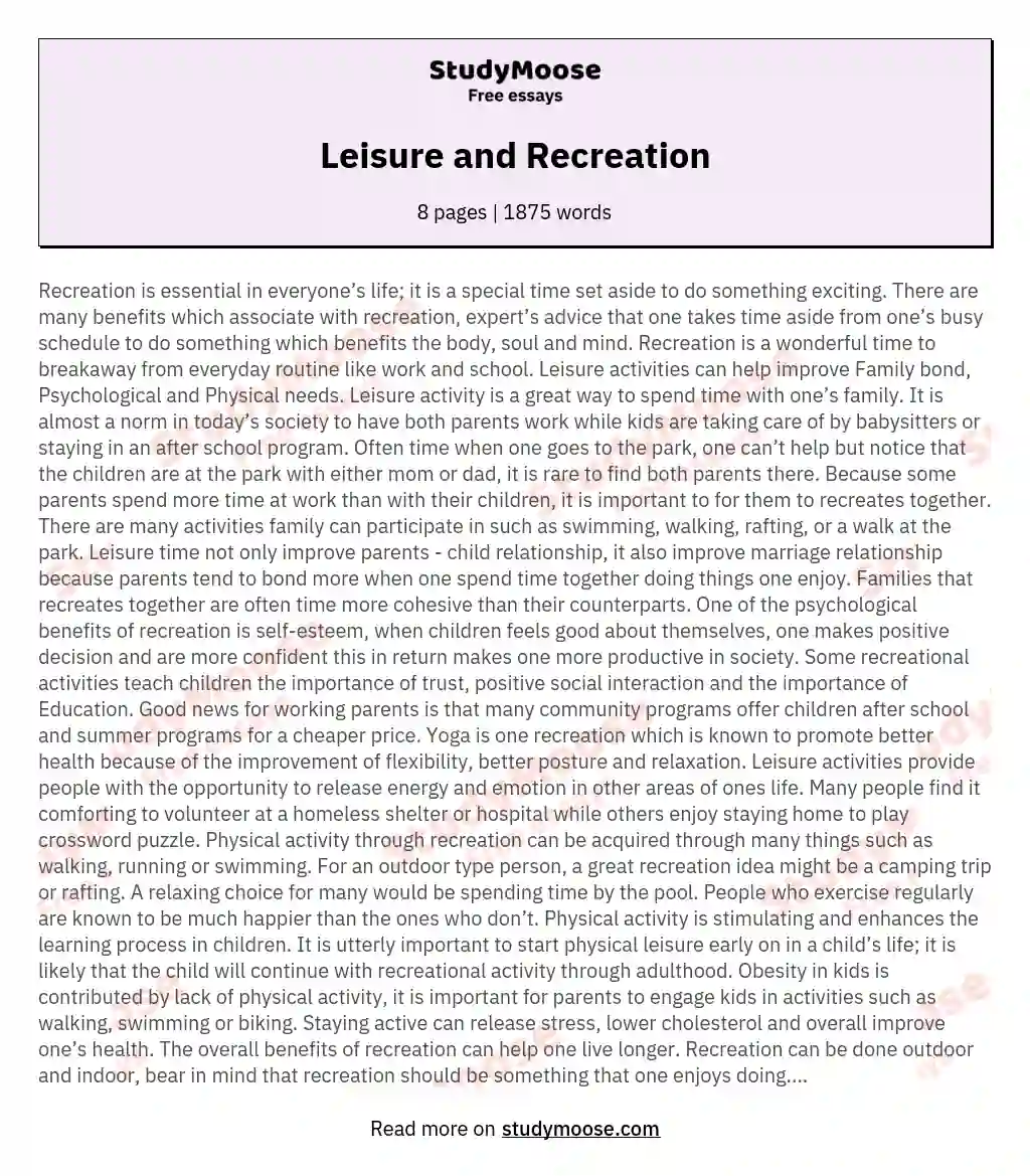 Leisure and Recreation essay