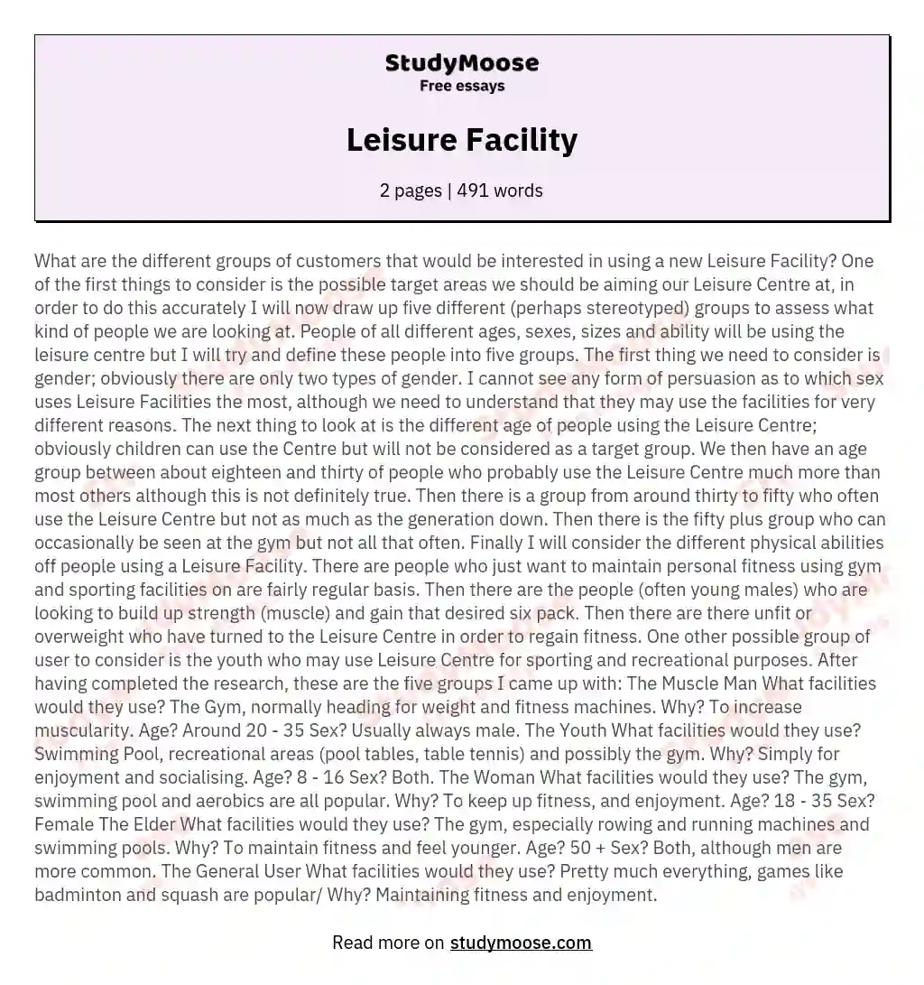 Leisure Facility essay