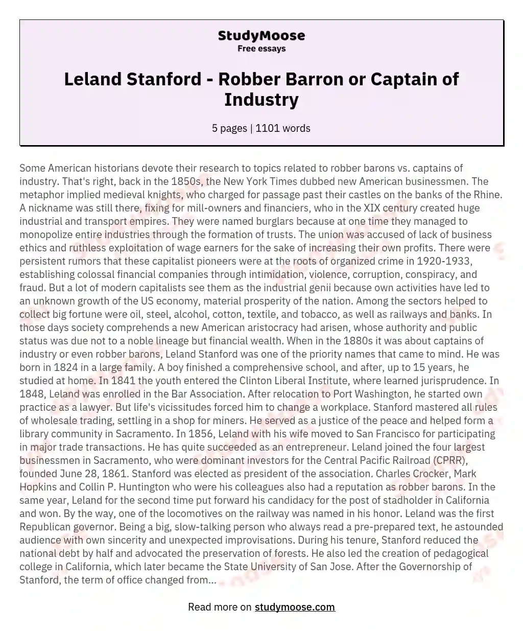 Leland Stanford - Robber Barron or Captain of Industry essay
