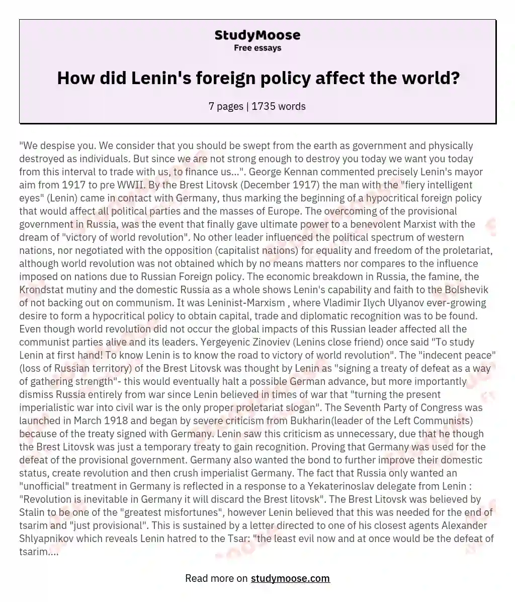 How did Lenin's foreign policy affect the world?