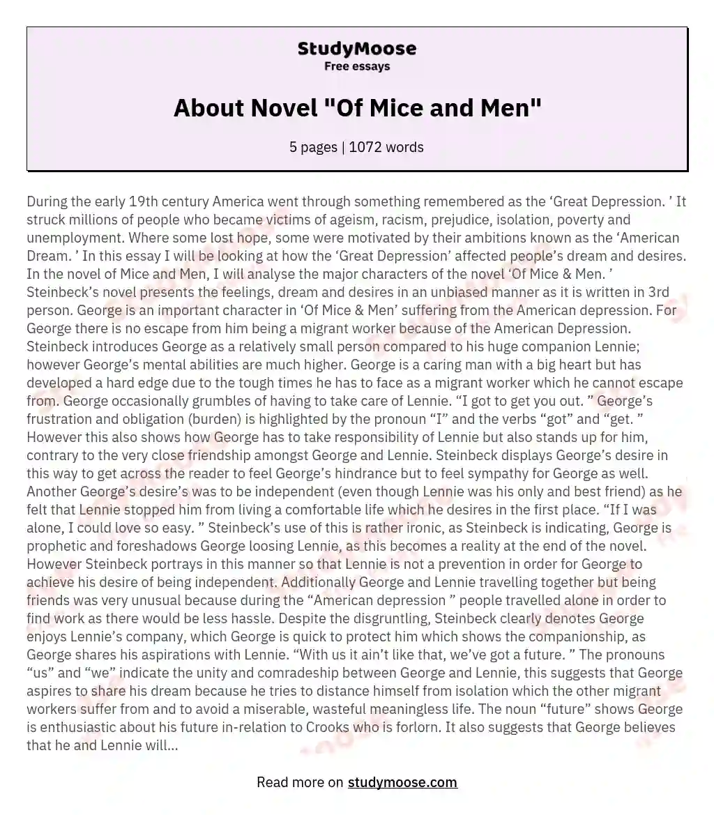 About Novel "Of Mice and Men" essay