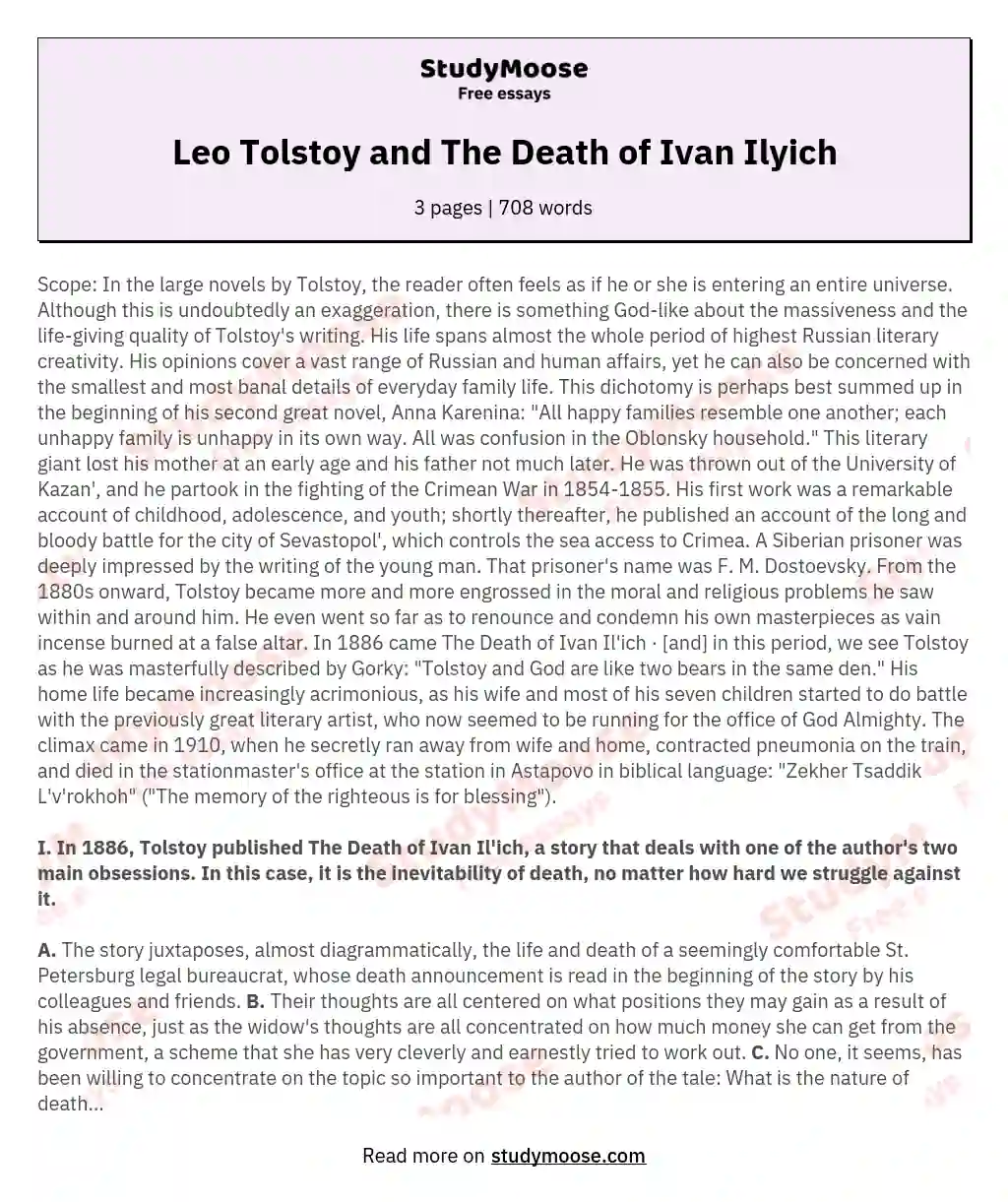 Leo Tolstoy and The Death of Ivan Ilyich essay