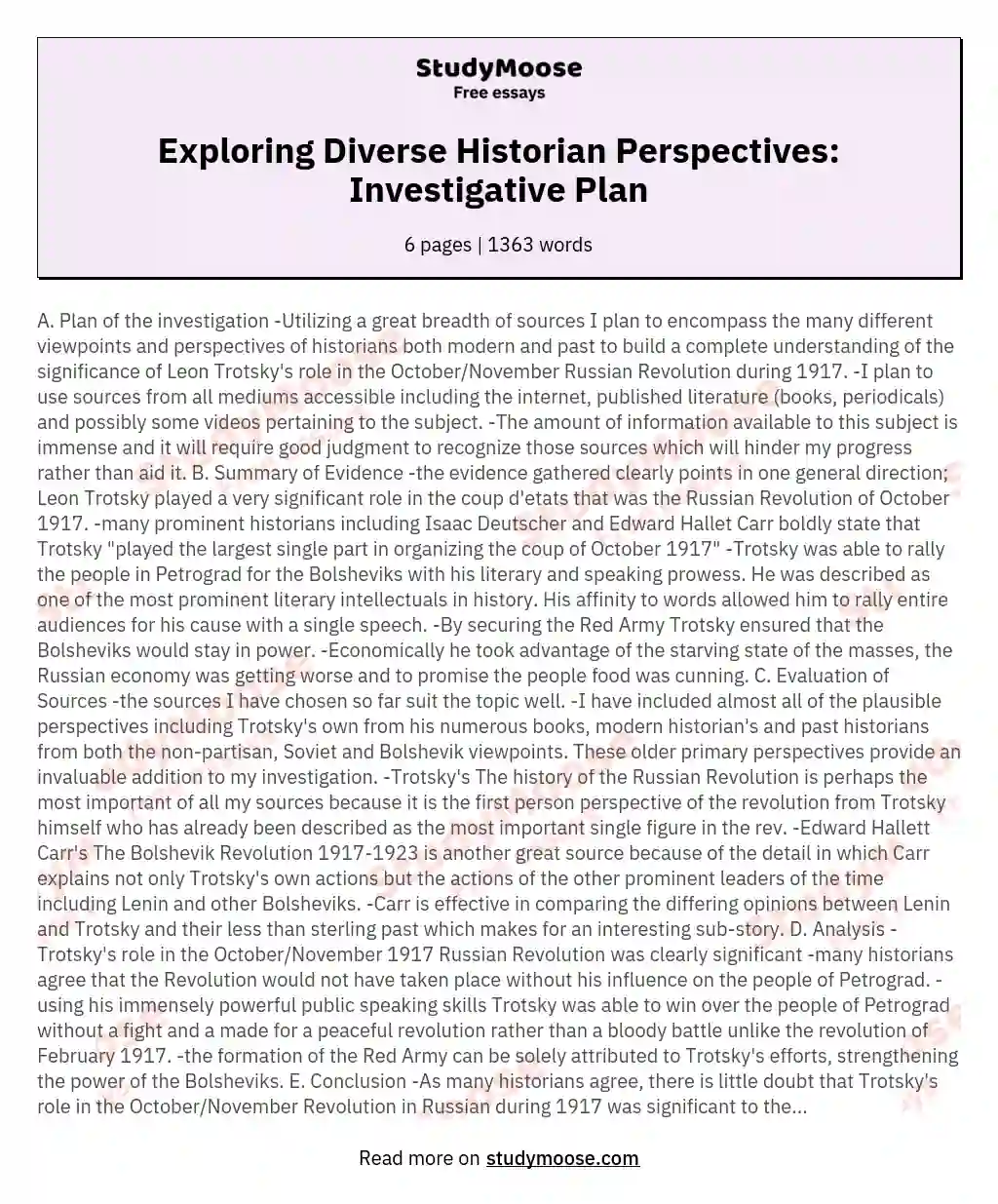 Exploring Diverse Historian Perspectives: Investigative Plan essay