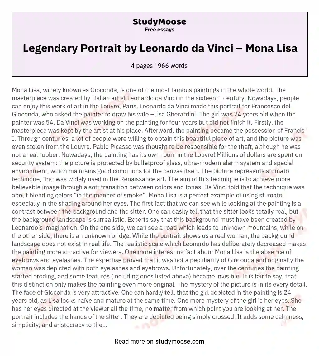 Legendary Portrait by Leonardo da Vinci – Mona Lisa essay