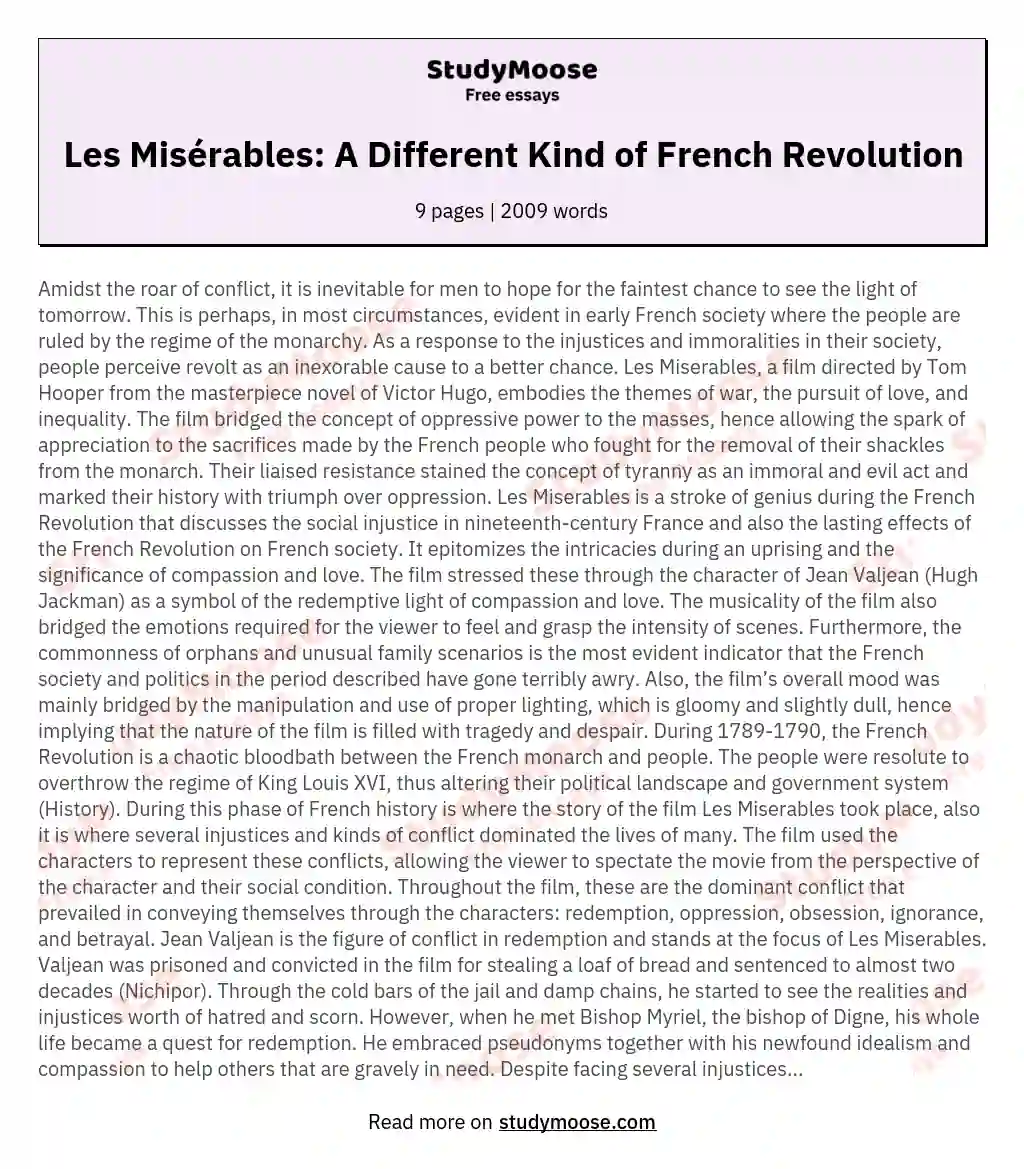 Les Misérables: A Different Kind of French Revolution essay
