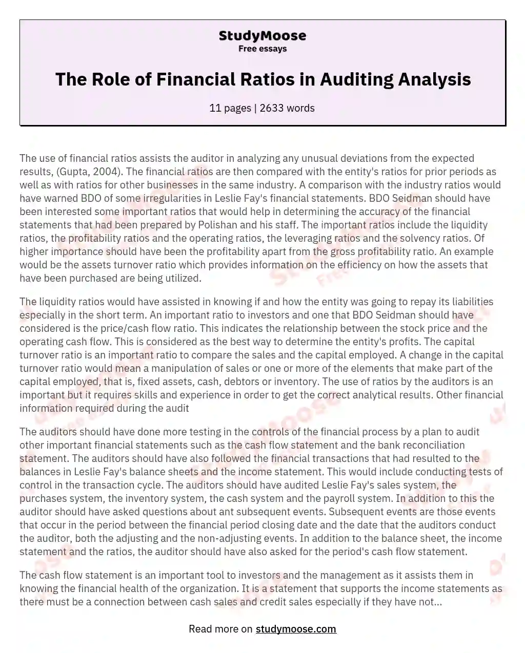 The Role of Financial Ratios in Auditing Analysis essay
